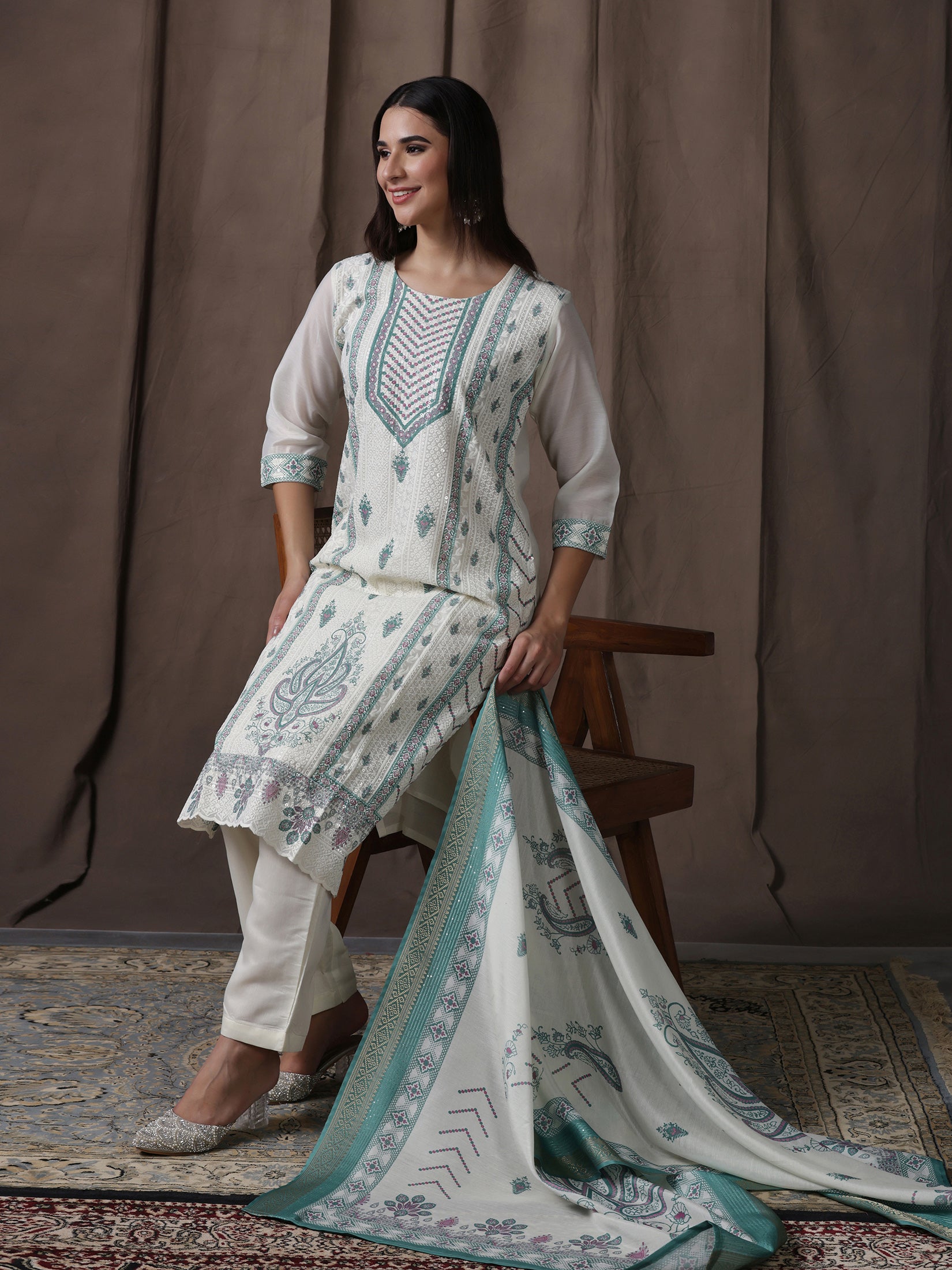Women Chanderi Off-white Green Embroidered Kurta Comfort Pant Dupatta