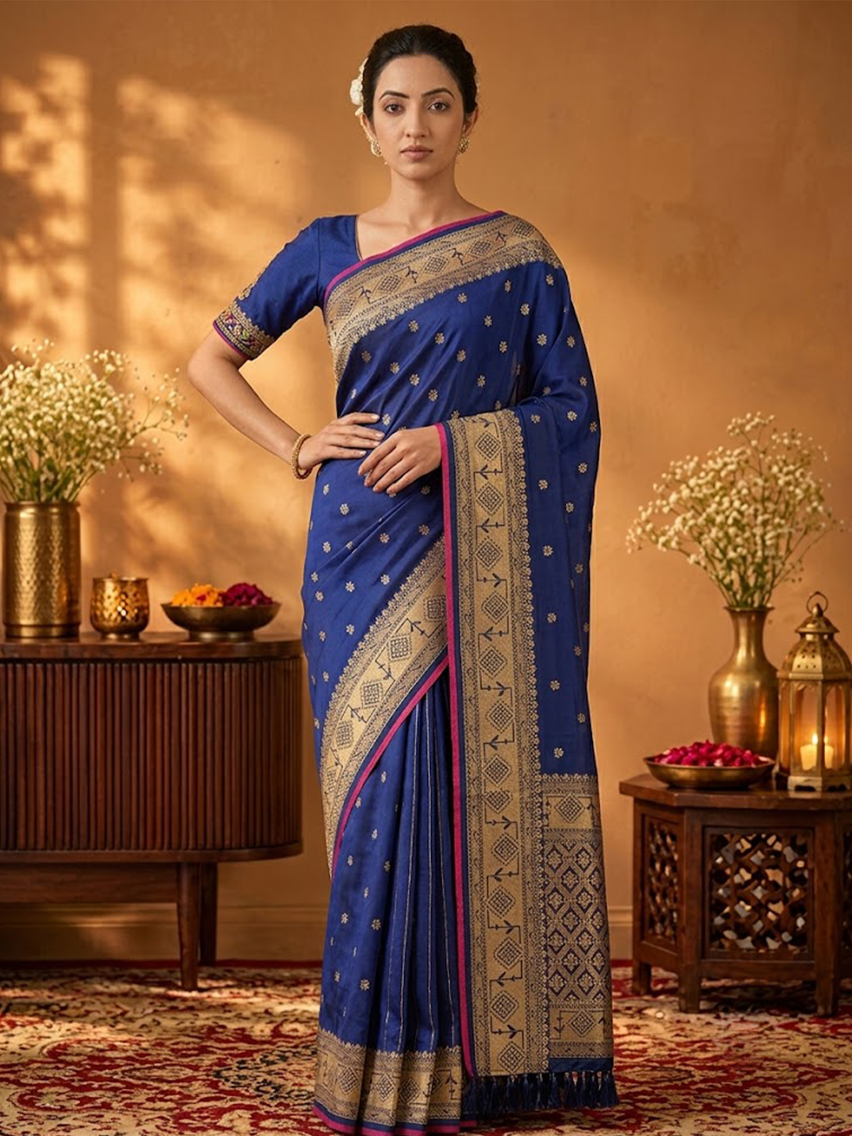 Women Navy Blue Viscose Jacquard Saree
