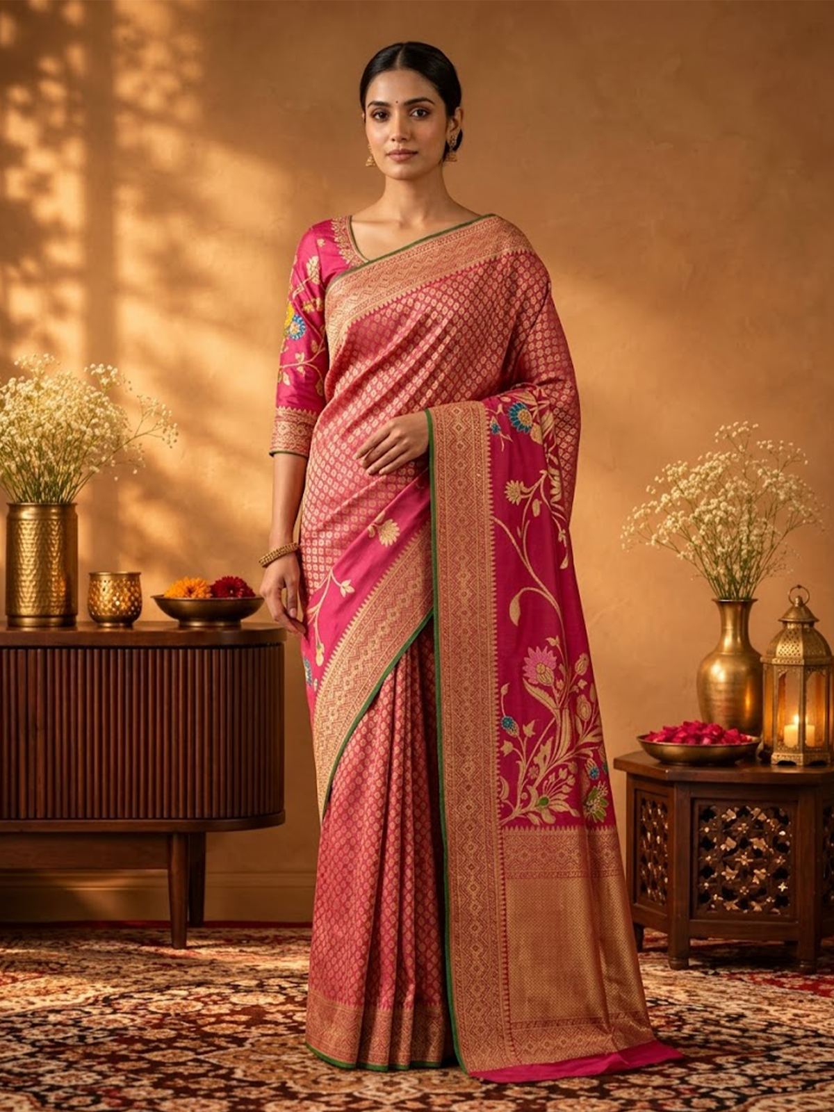 Women Berry Pink Viscose Jacquard Adda Work Saree