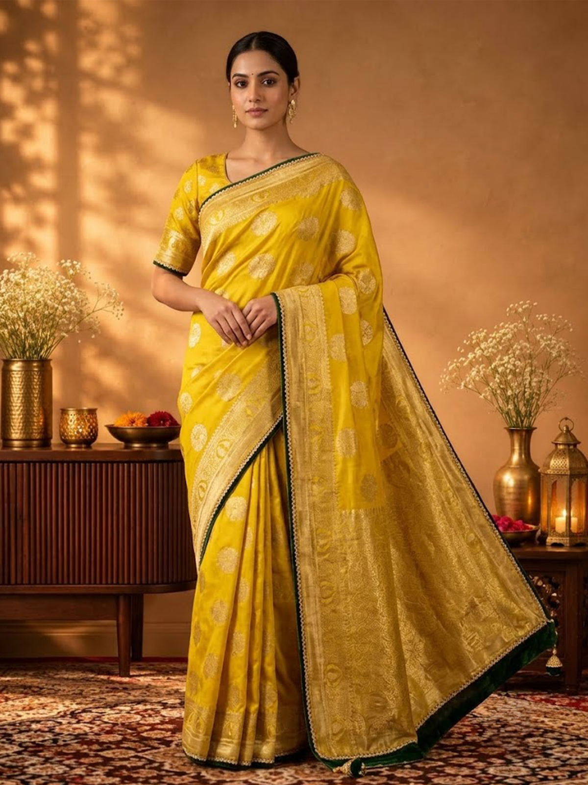 Women Mustard Viscose Jacquard Saree