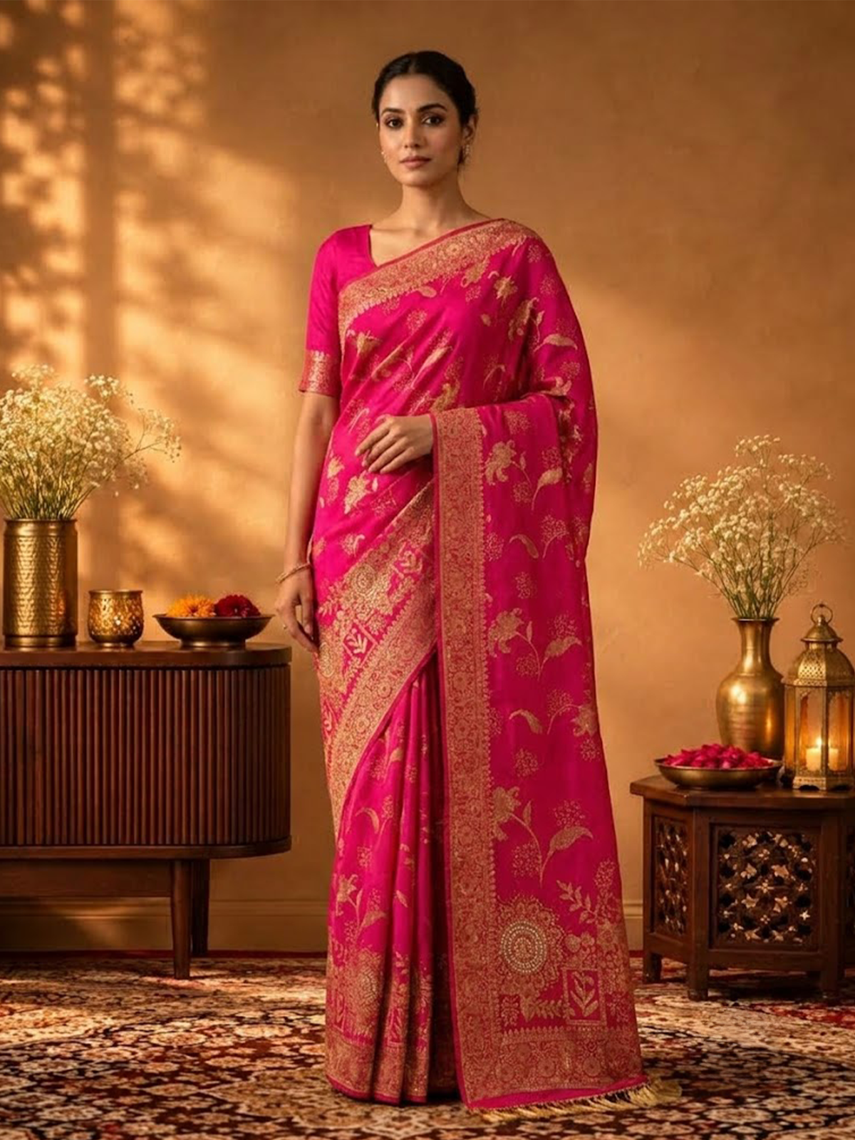 Women Fuchsia Viscose Jacquard Adda Work Saree