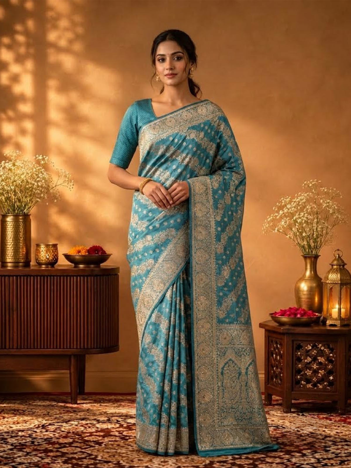 Women Steel Blue Viscose Jacquard Adda Work Saree