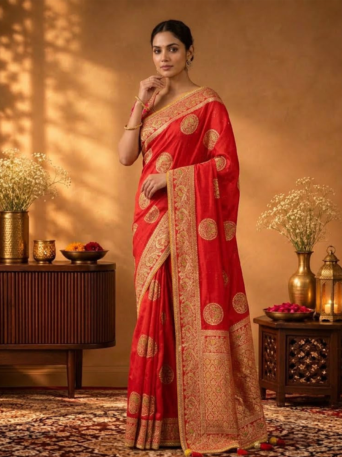 Women Blood Red Viscose Jacquard Adda Work Saree
