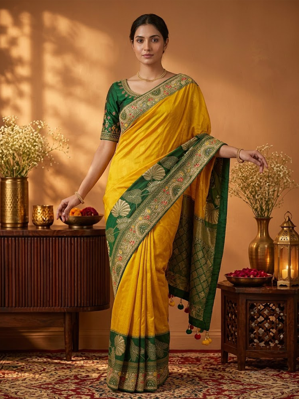 Women Yellow & Green Viscose Jacquard Dori Adda Work Saree
