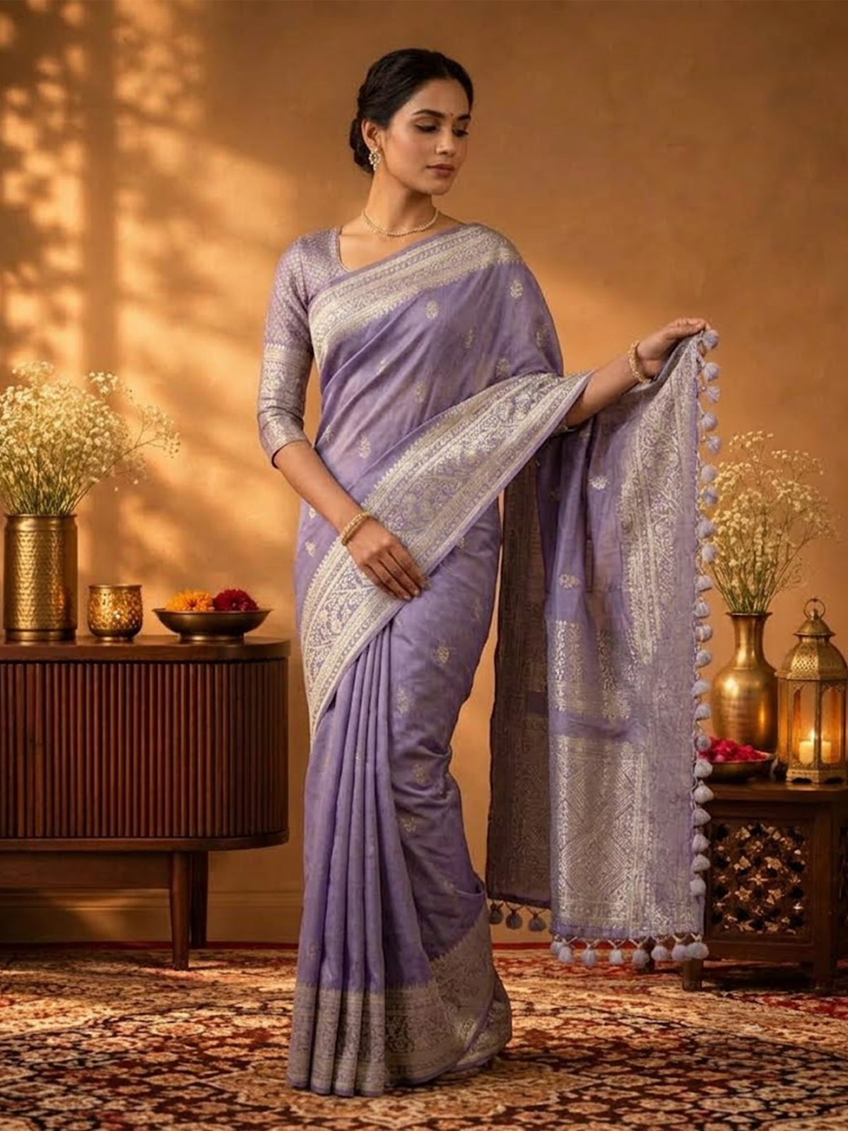 Women Viscose Lilac Jacquard Saree