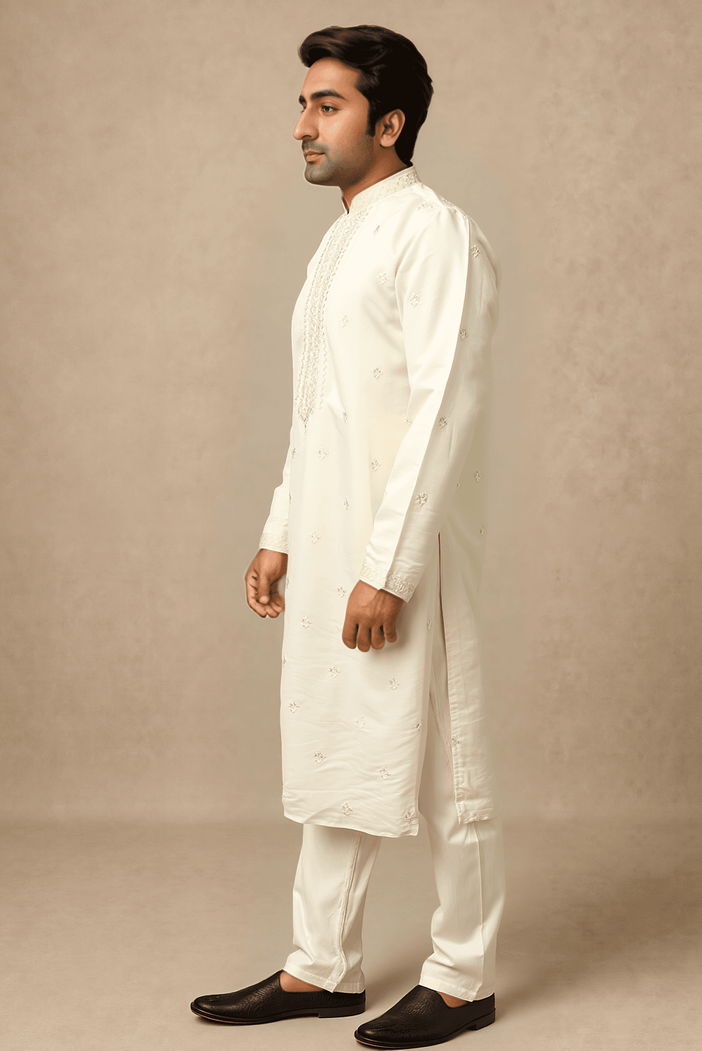 Men Off White Embroidered Straight Kurta With Trouser.