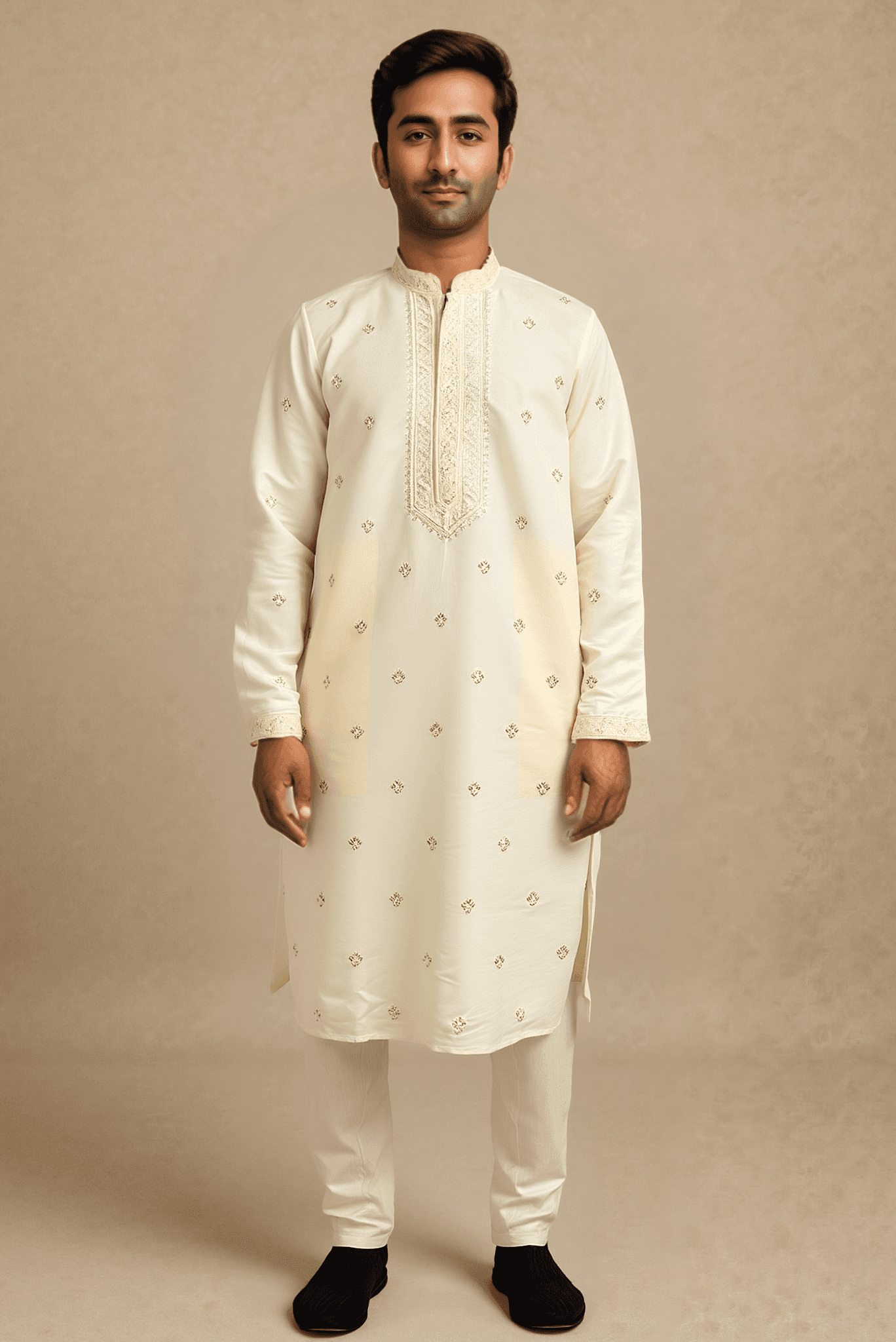 Men Off White Embroidered Straight Kurta With Trouser.