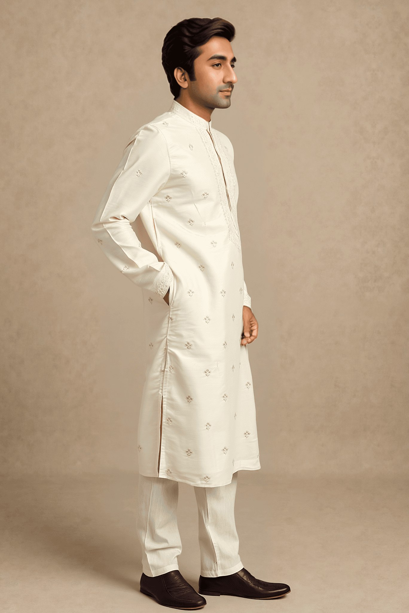 Men Off White Embroidered Straight Kurta With Trouser.