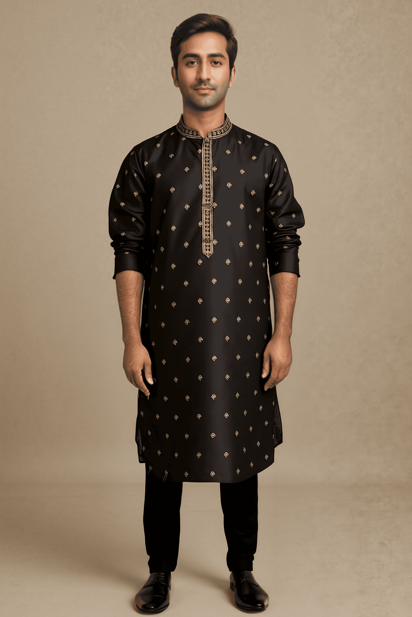 Men Black Woven Straight Kurta With Trouser.
