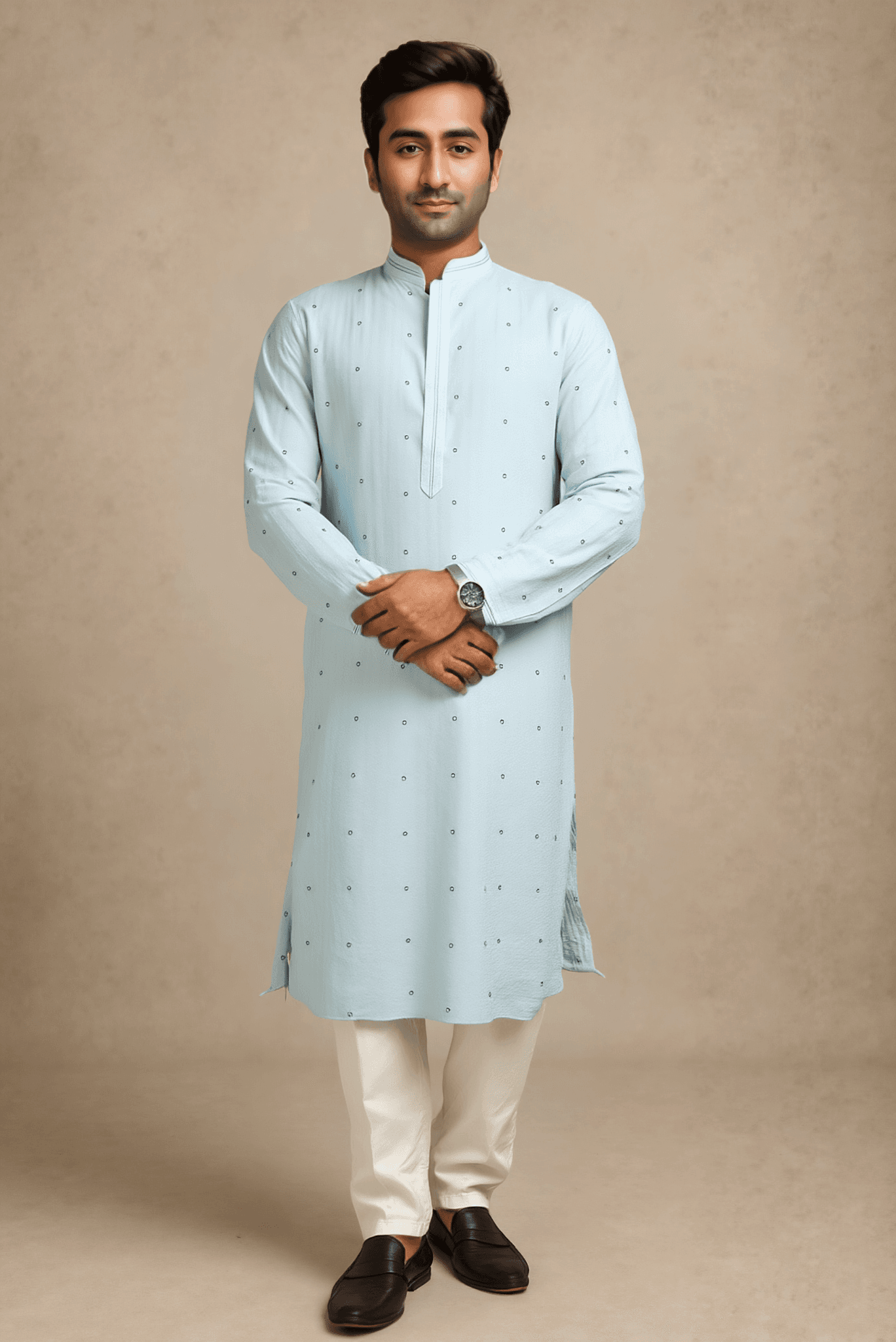 Men Light Blue Woven Straight Kurta With Trouser.