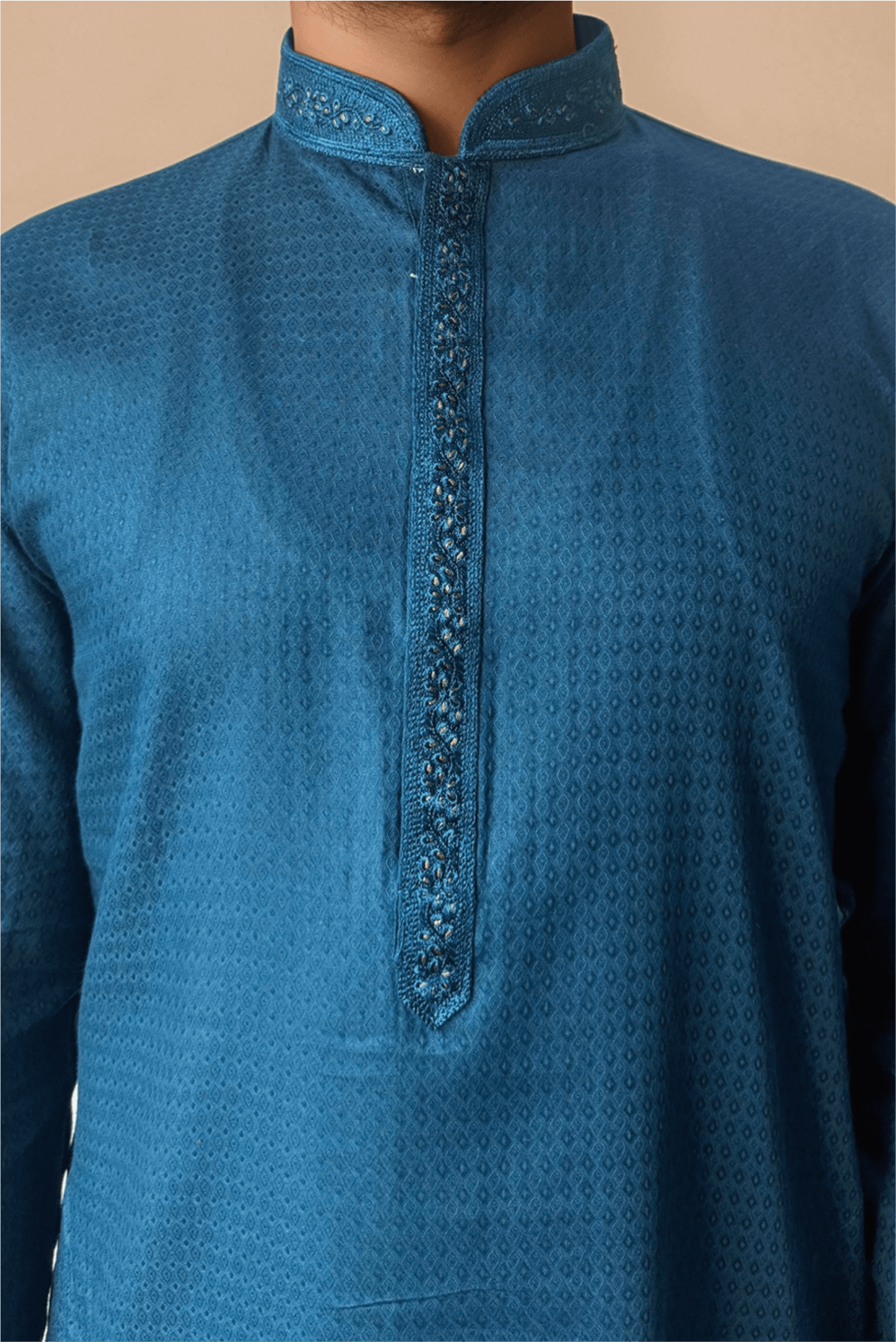 Men Peacock Blue Solid Straight Kurta.