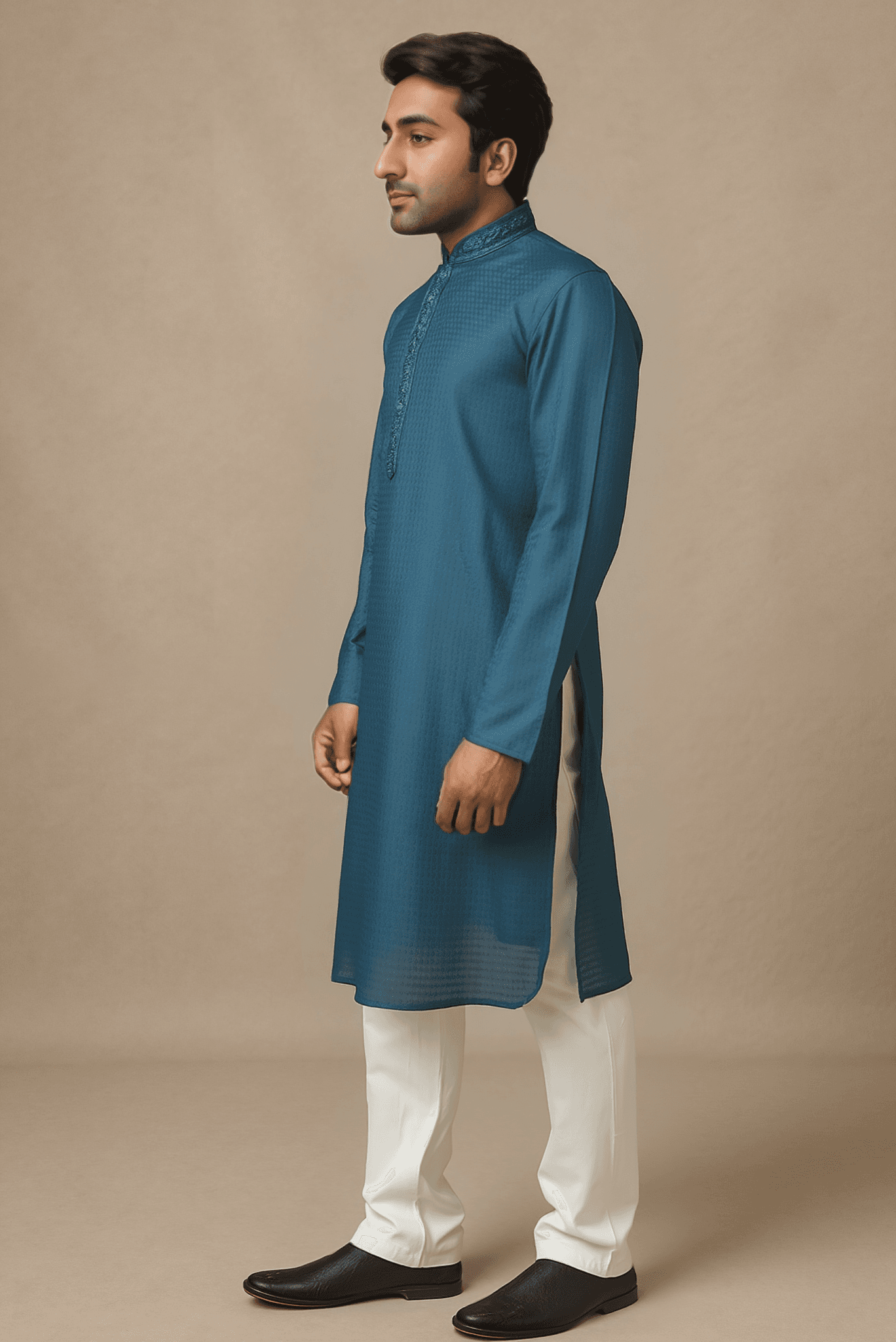 Men Peacock Blue Solid Straight Kurta.