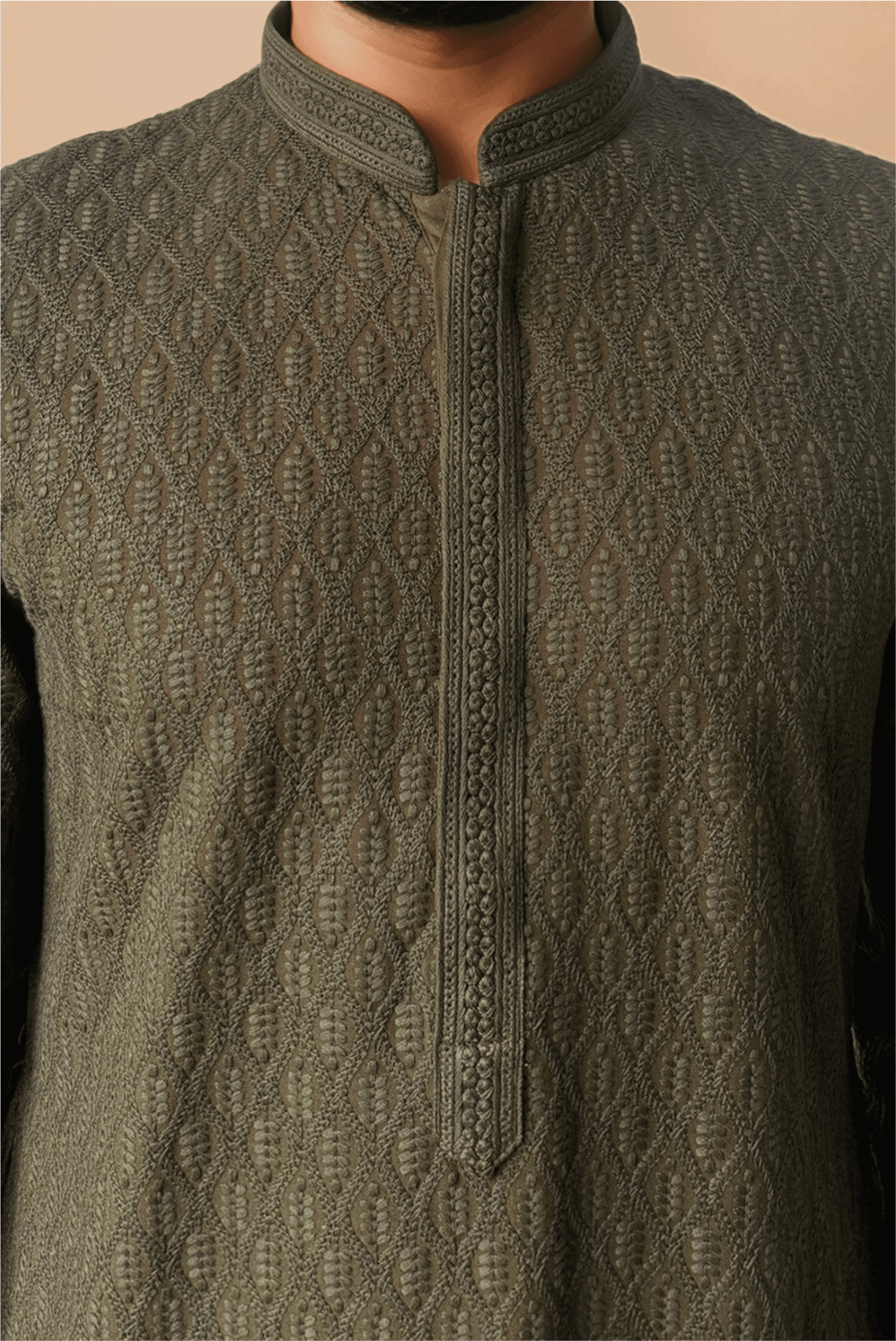 Men Dark Olive Embroidered Straight Kurta With Trouser.