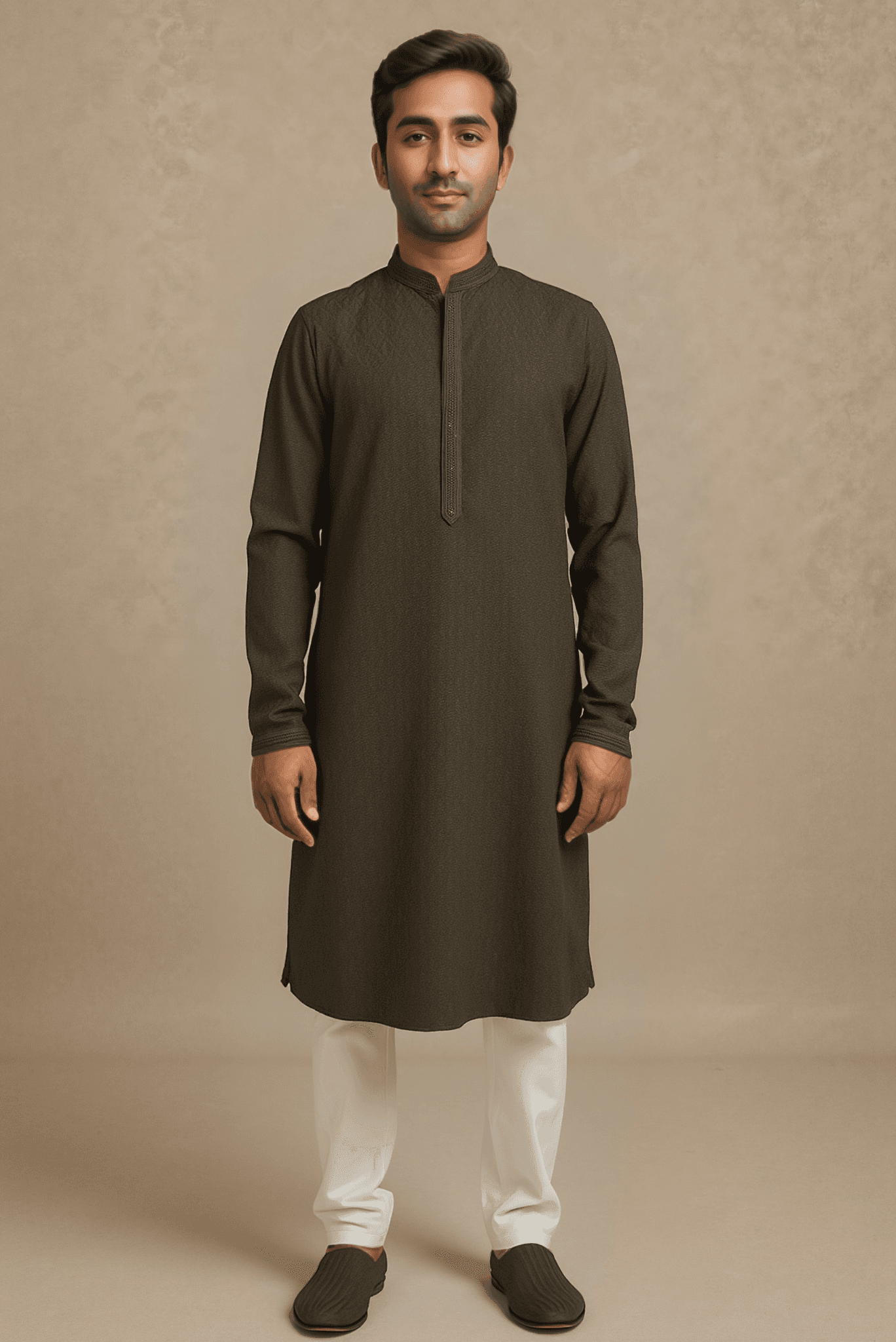 Men Dark Olive Embroidered Straight Kurta With Trouser.