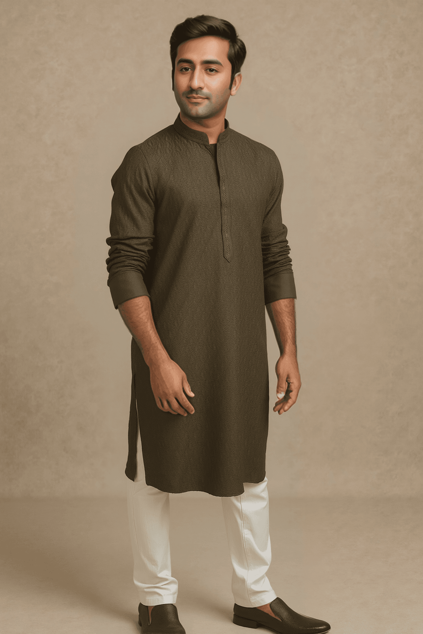 Men Dark Olive Embroidered Straight Kurta With Trouser.
