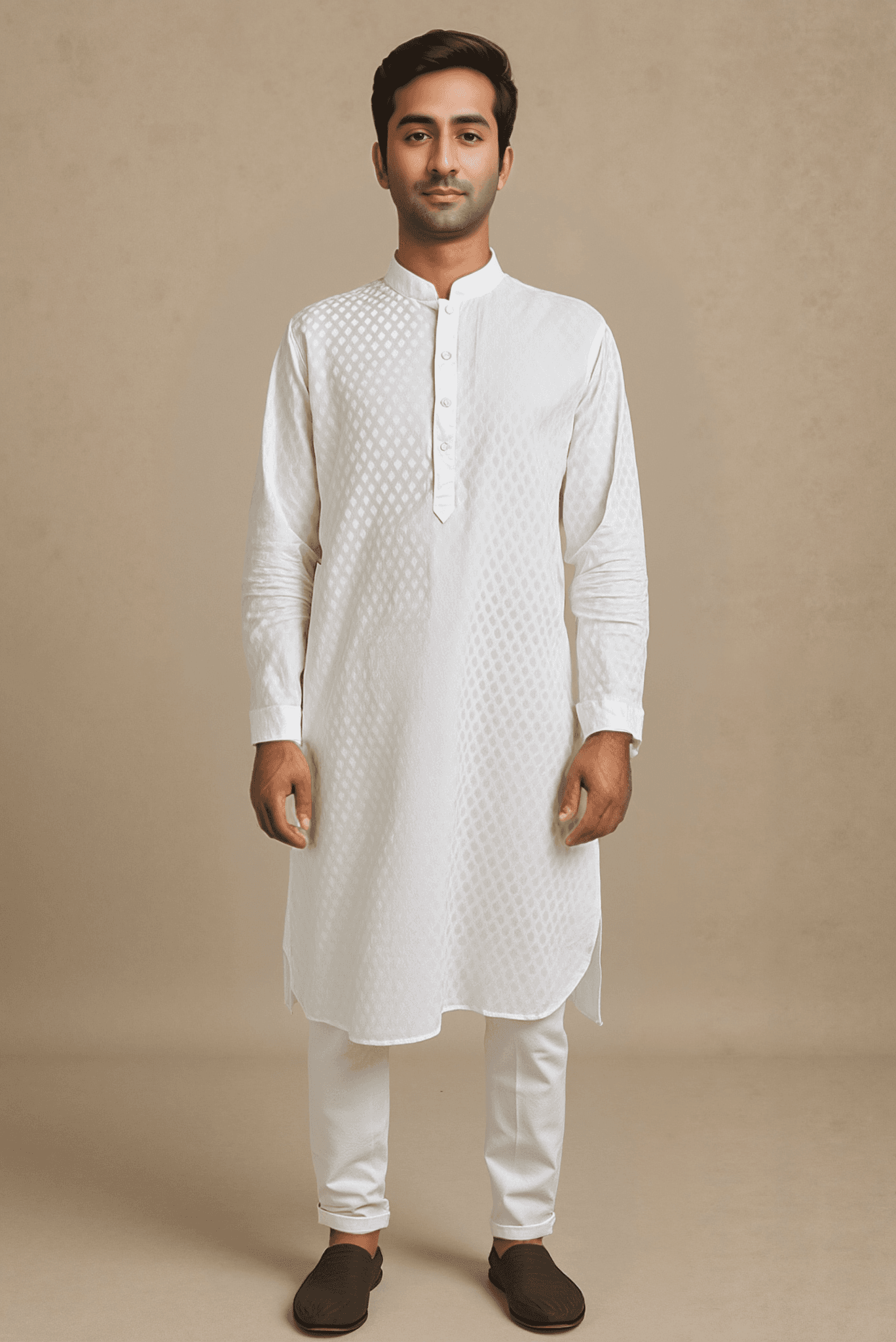 Men White Embroidered Straight Kurta With Trouser.