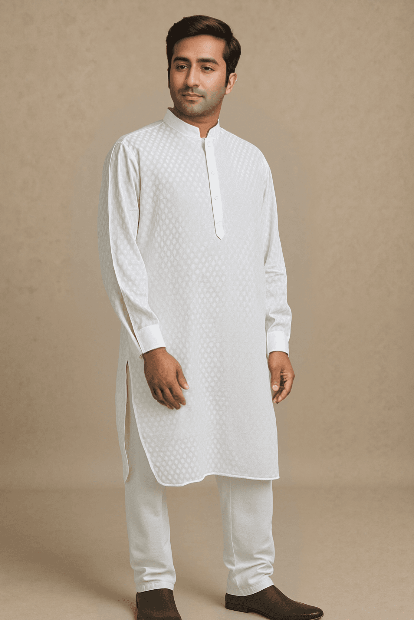 Men White Embroidered Straight Kurta With Trouser.