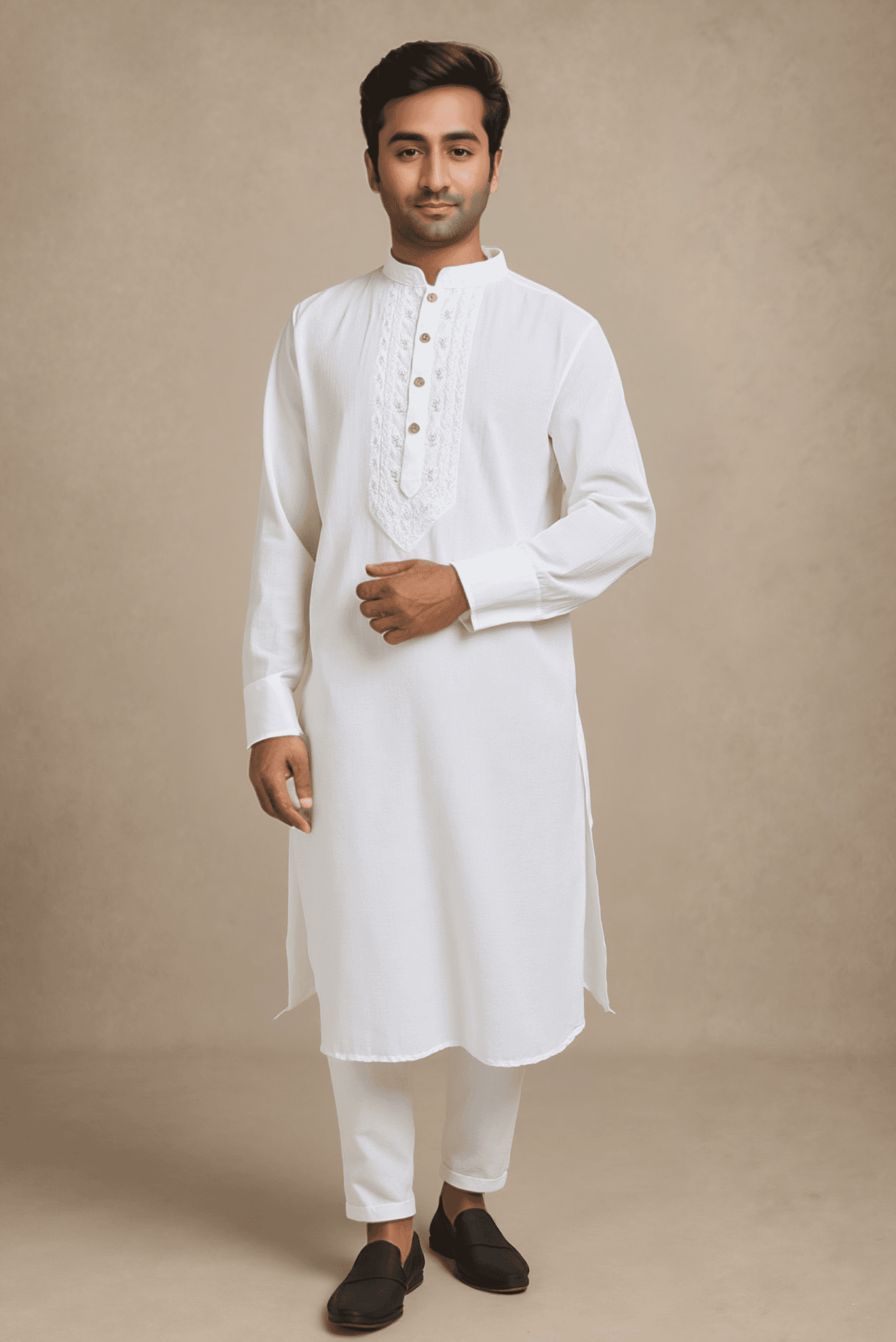 Men White Solid Straight Kurta With Trouser.