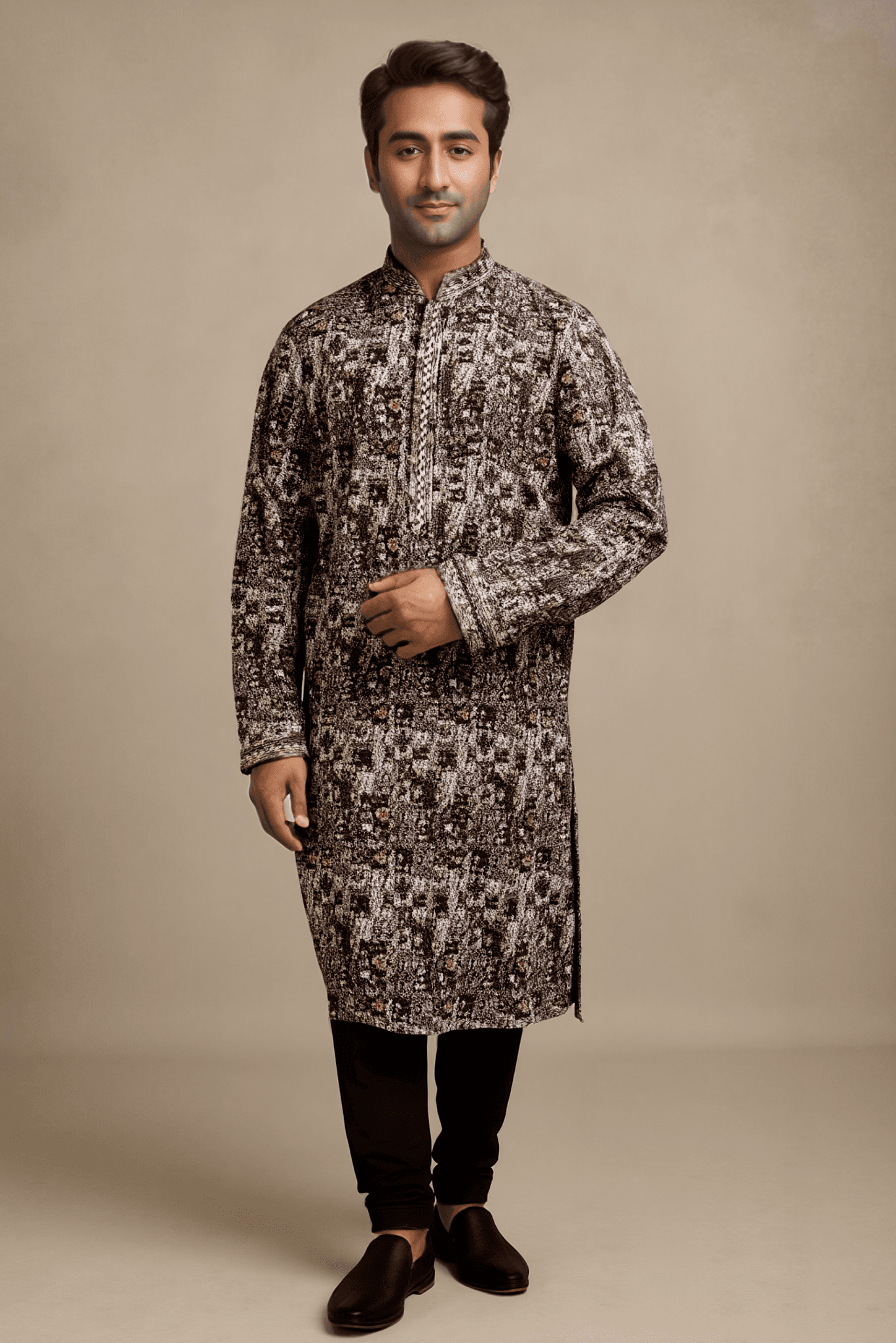 Men Black And Grey Multi Embroidered Straight Kurta With Trouser.
