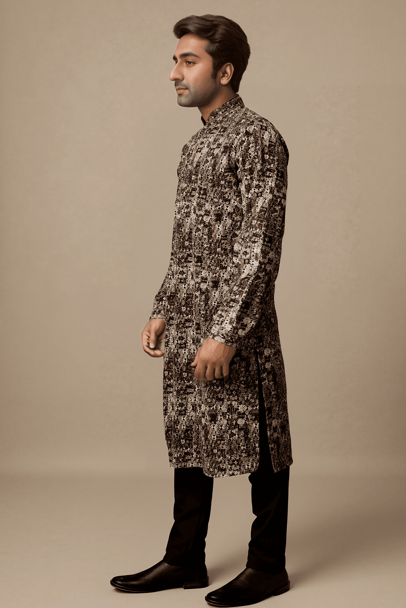 Men Black And Grey Multi Embroidered Straight Kurta With Trouser.