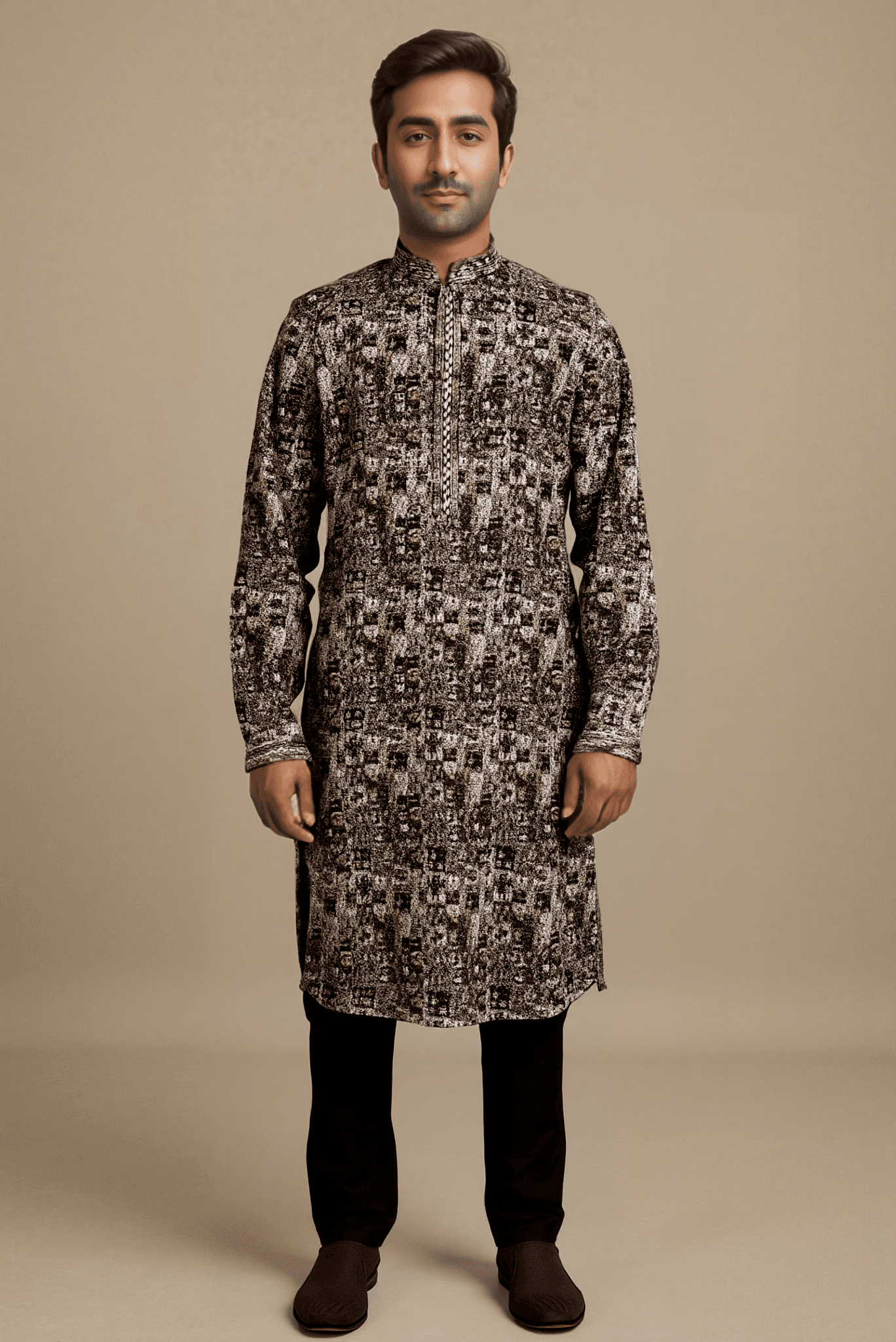 Men Black And Grey Multi Embroidered Straight Kurta With Trouser.
