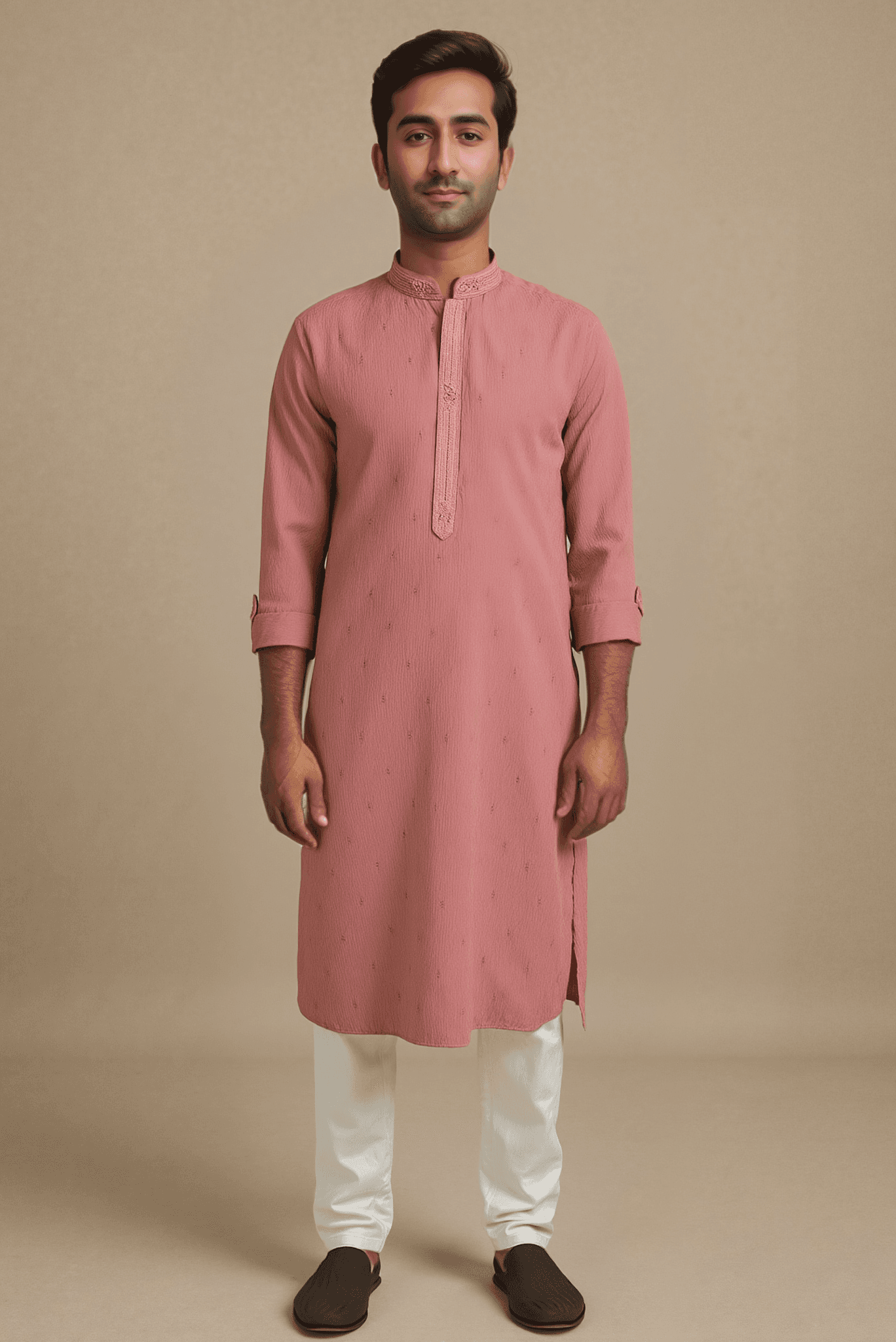 Men Peach Woven Straight Kurta.