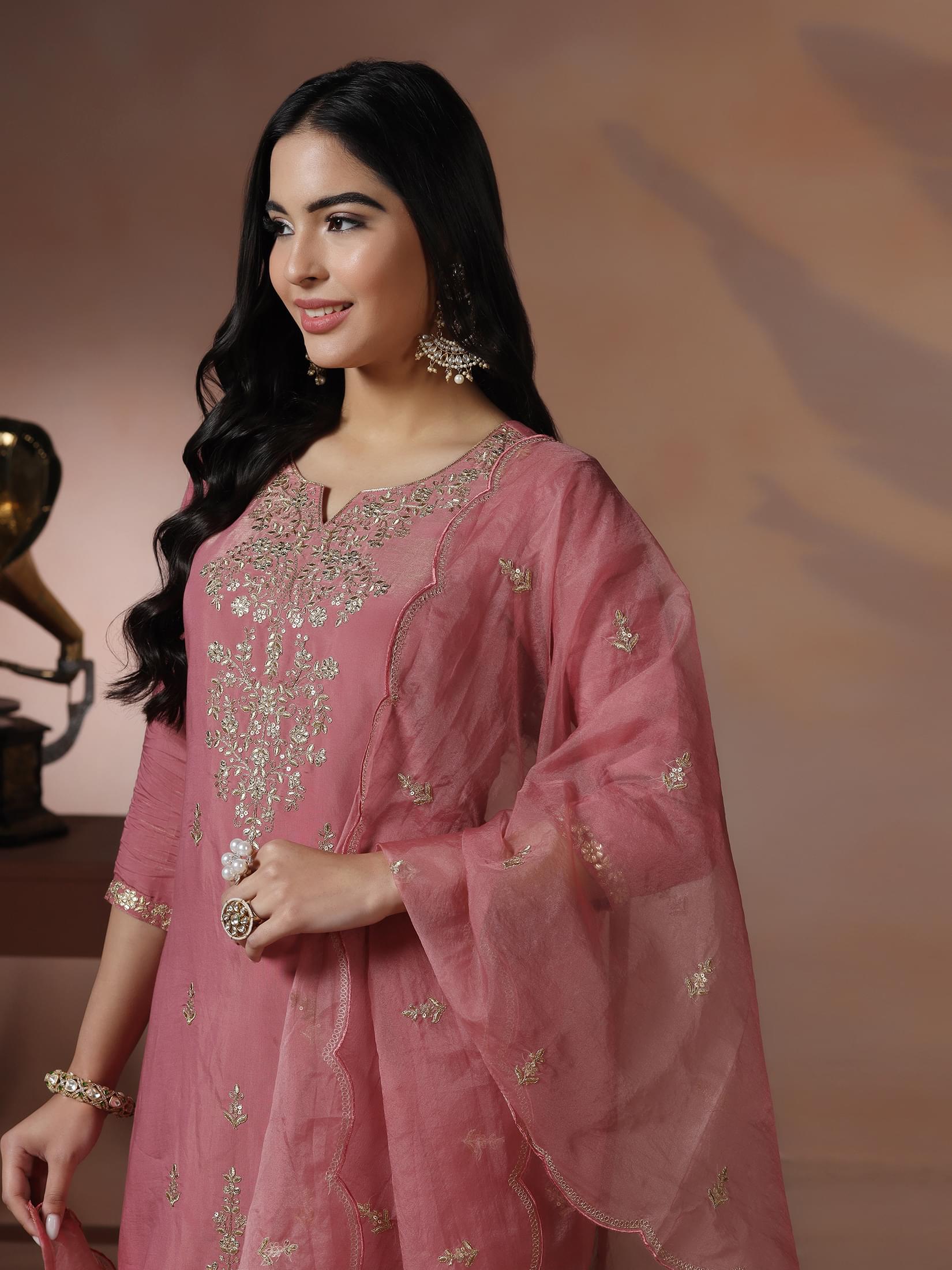 Poly Viscose Pink Embroidered Kurta Comfort Pant Dupatta.