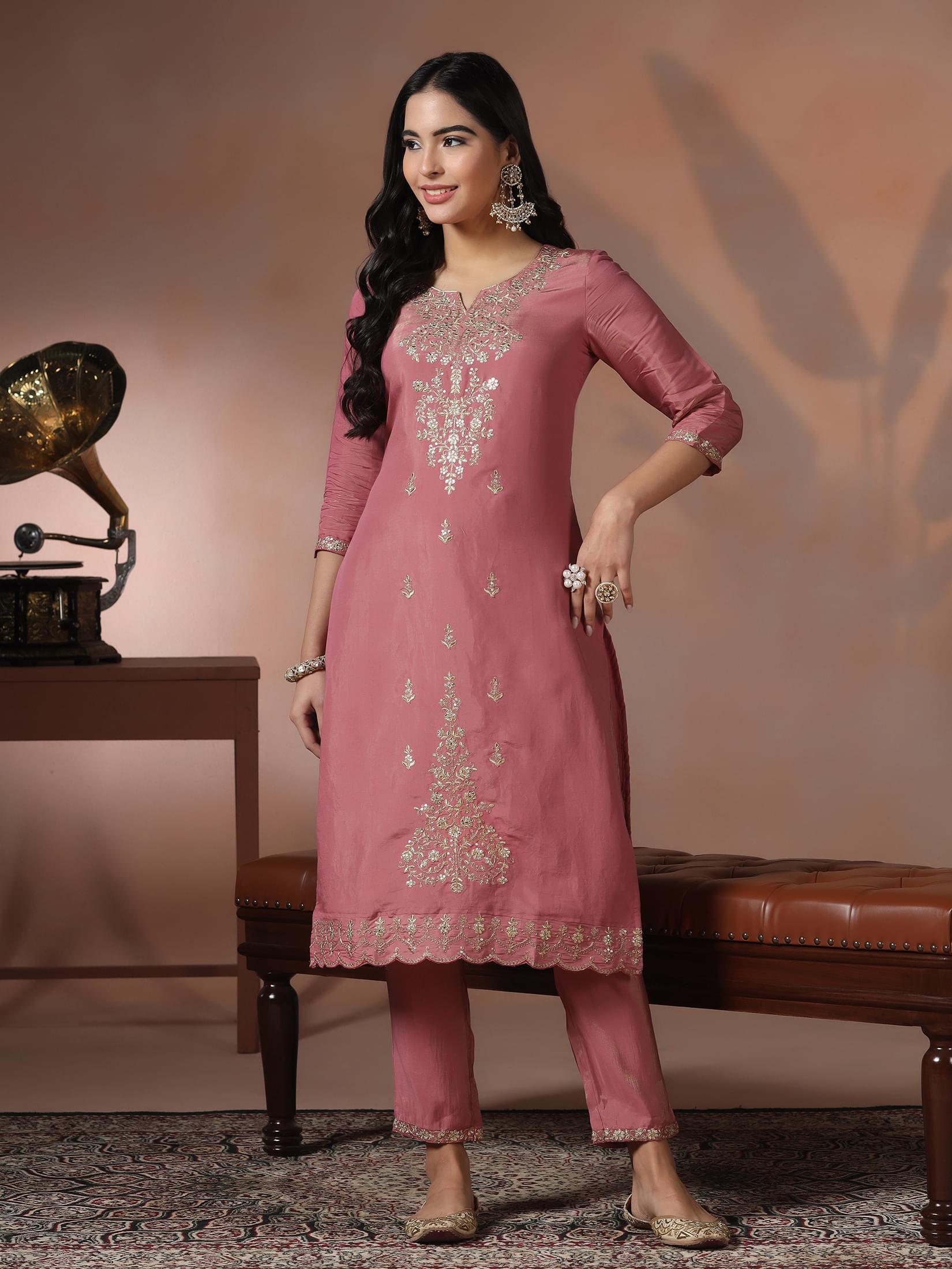 Poly Viscose Pink Embroidered Kurta Comfort Pant Dupatta.