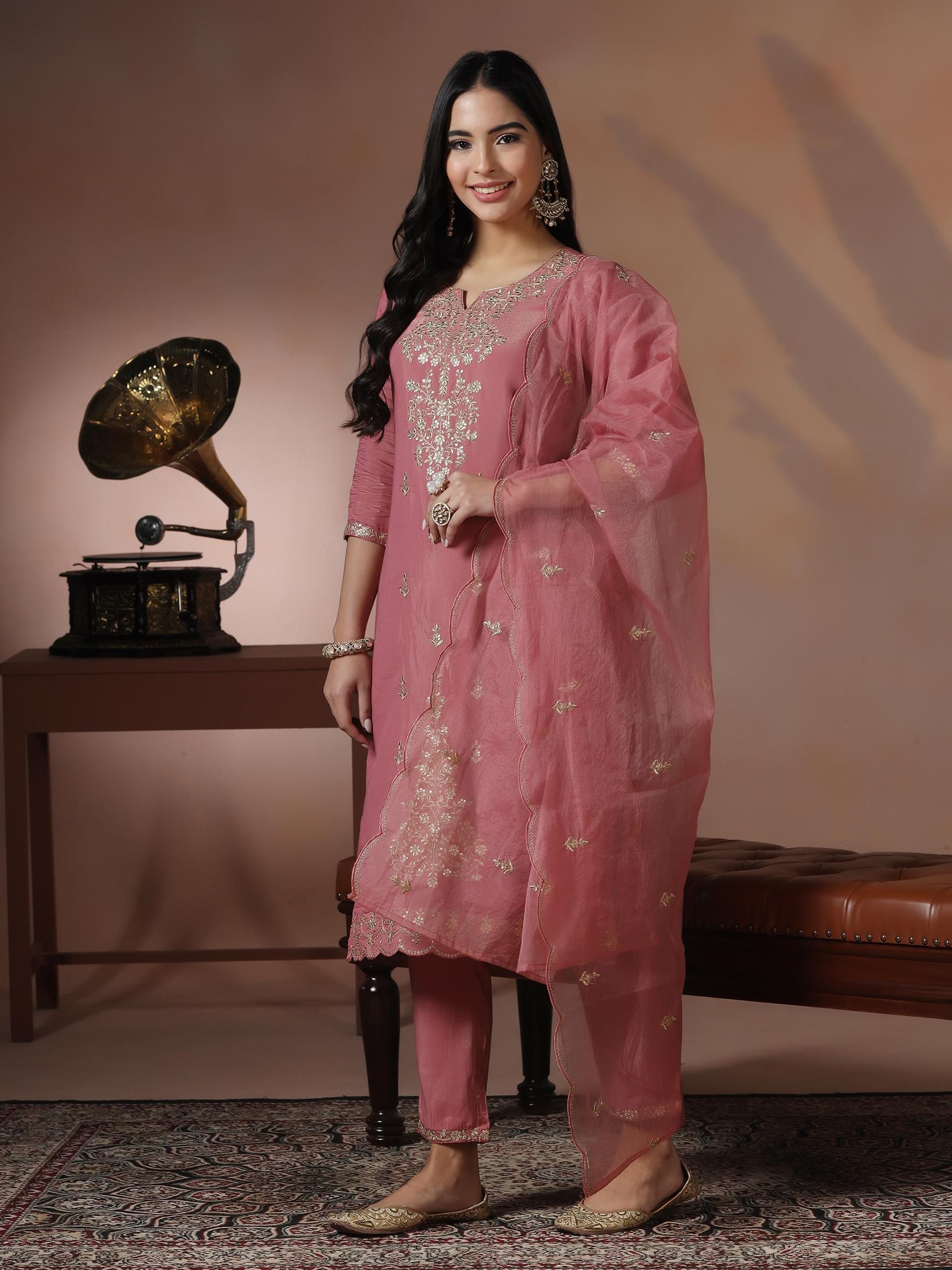 Soft pink embroidery poly viscose breathable daily wear dupatta suit set