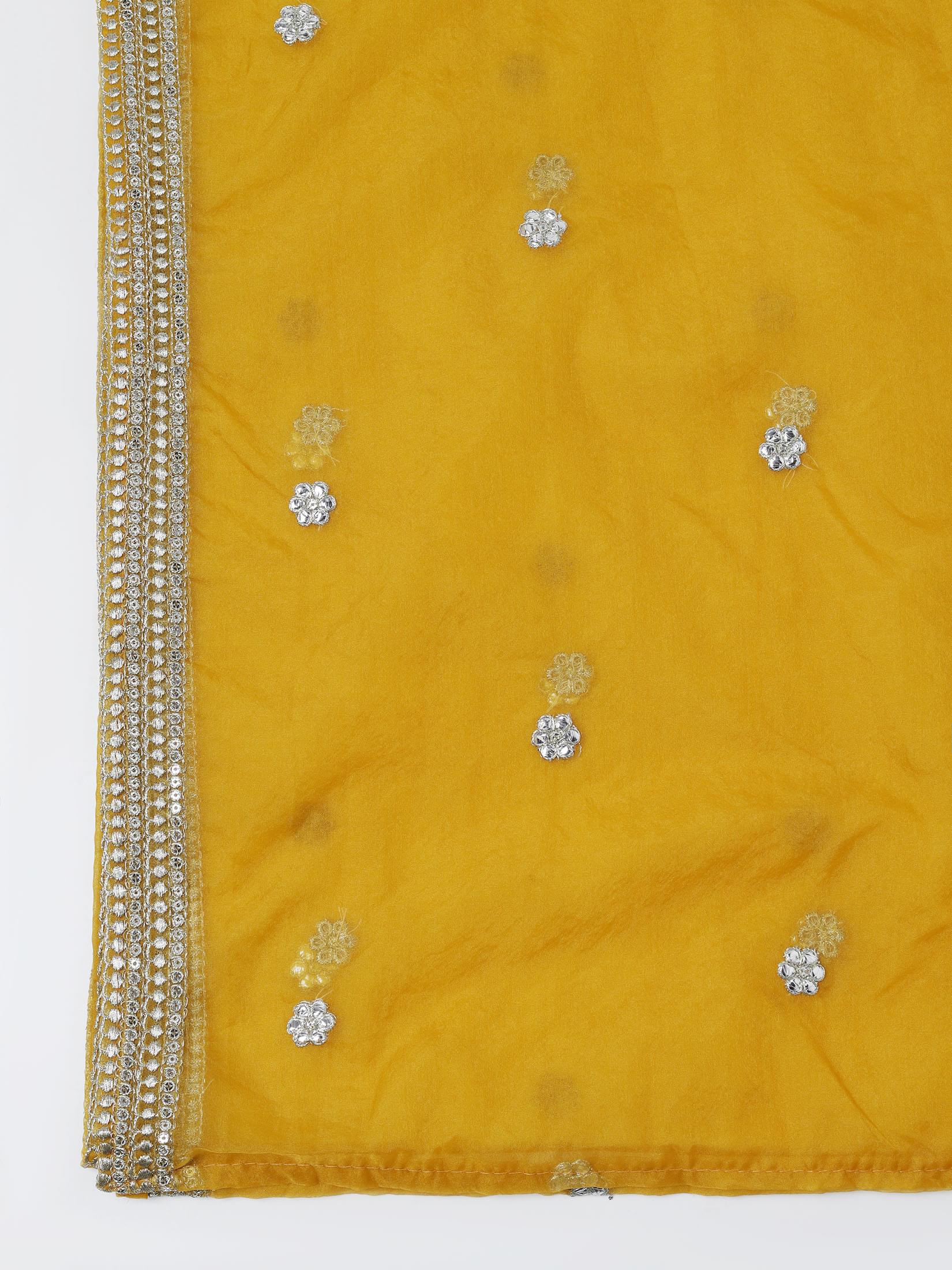 Women Chanderi Mustard Embroidered Kurta Comfort Pant Dupatta.