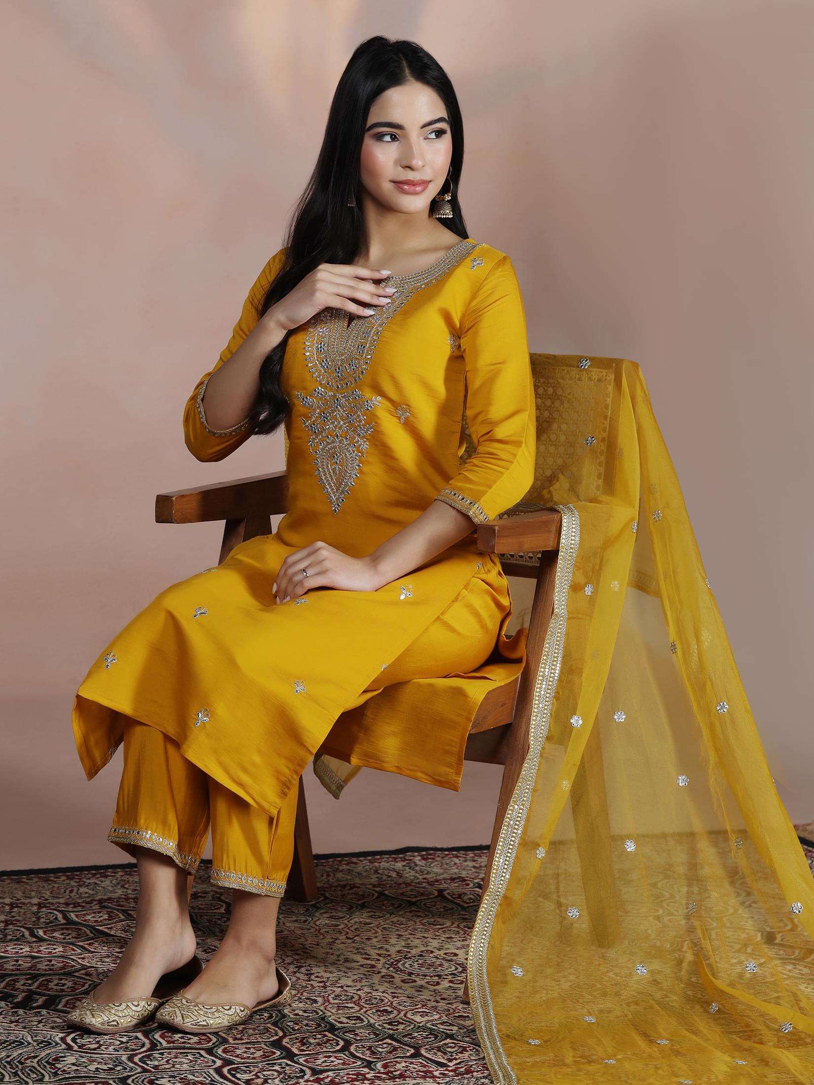 Mustard yellow embroidered Chanderi silk premium wedding wear suit set