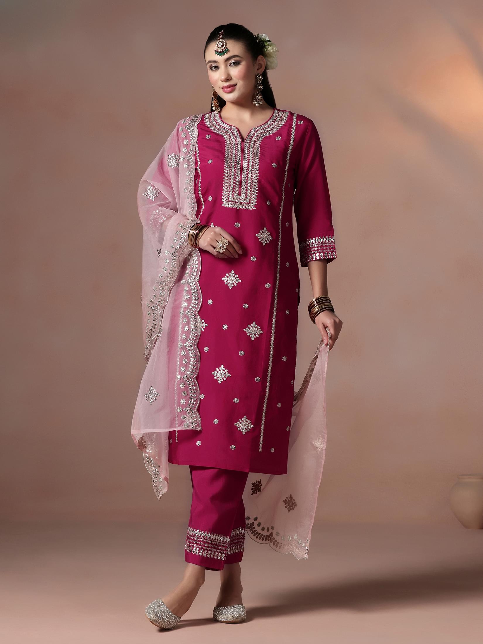 Blush pink detailed embroidery Chanderi silk sophisticated party wear suit byshree