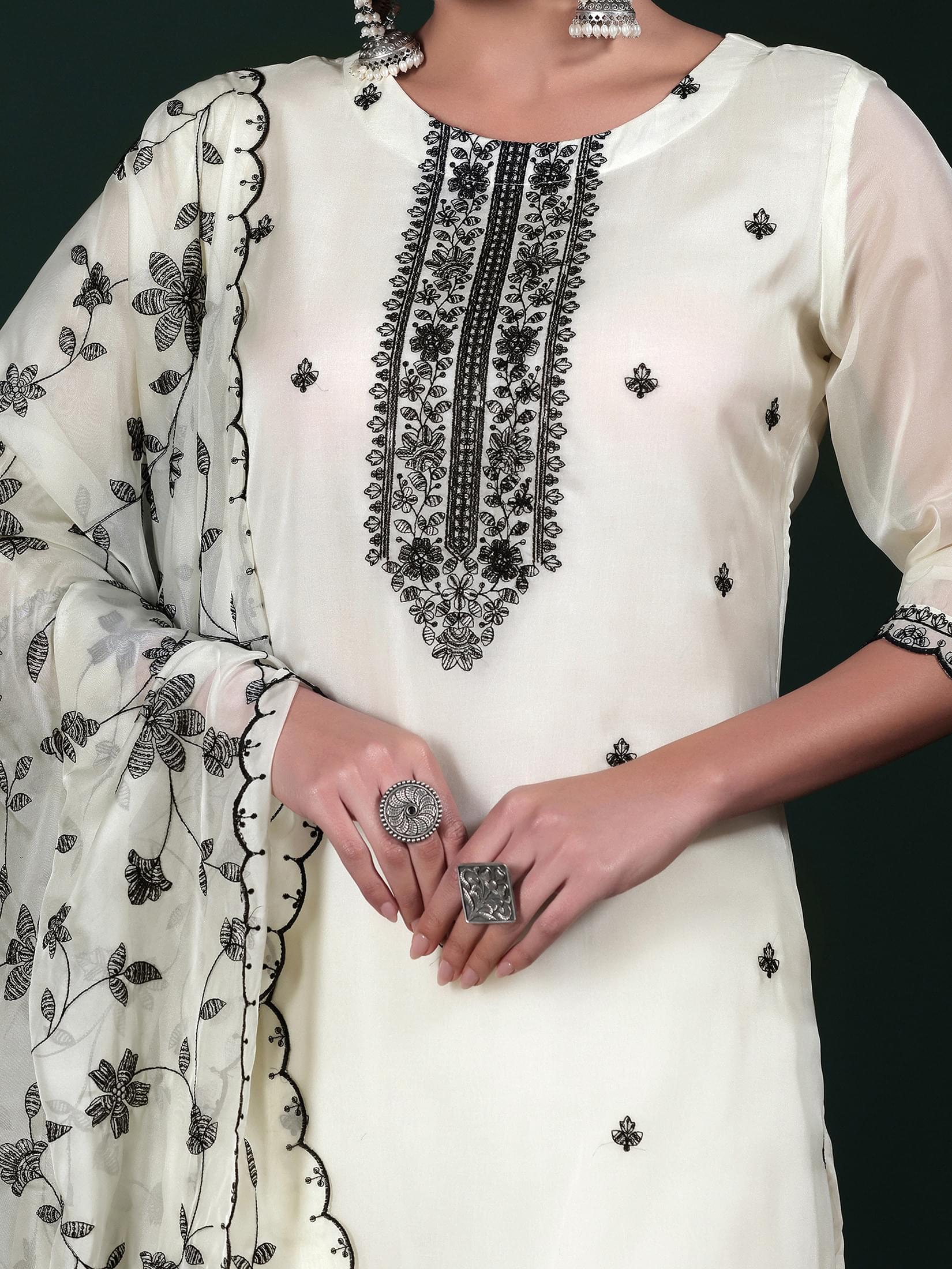 Women Off White Embroidered Kurta Comfort Pant Dupatta.