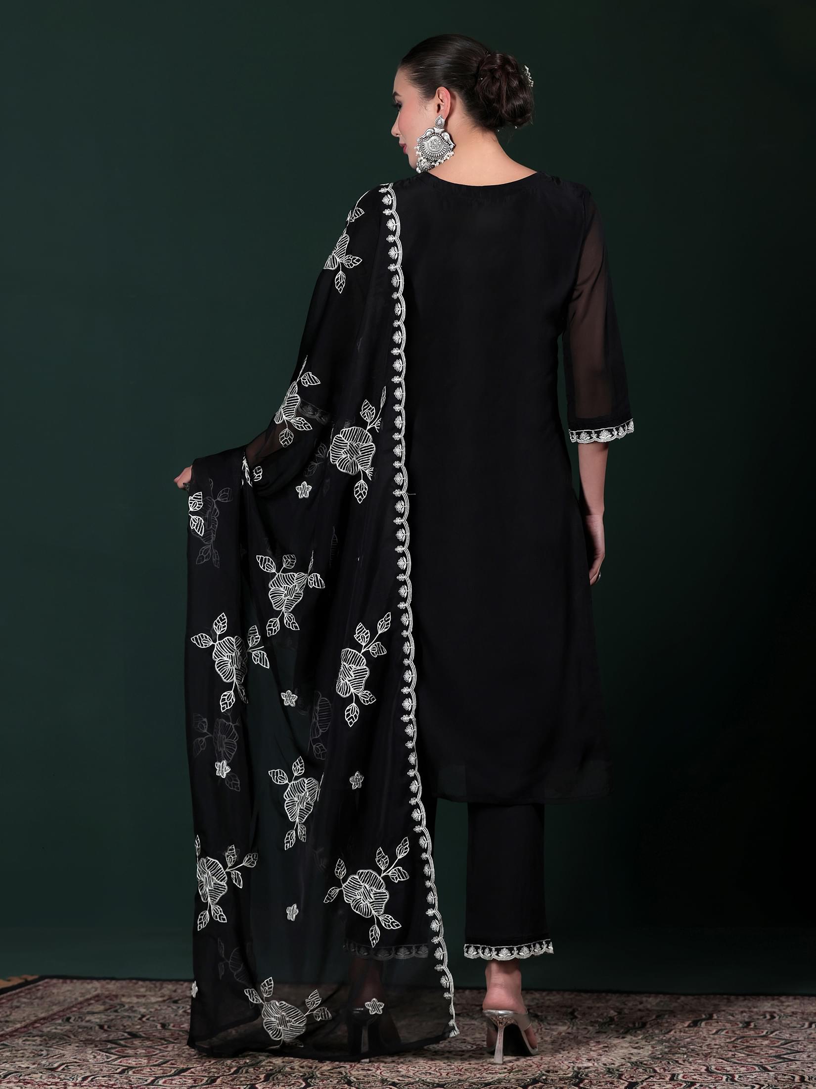 Women Organza Black Embroidered Kurta Comfort Pant With Dupatta.