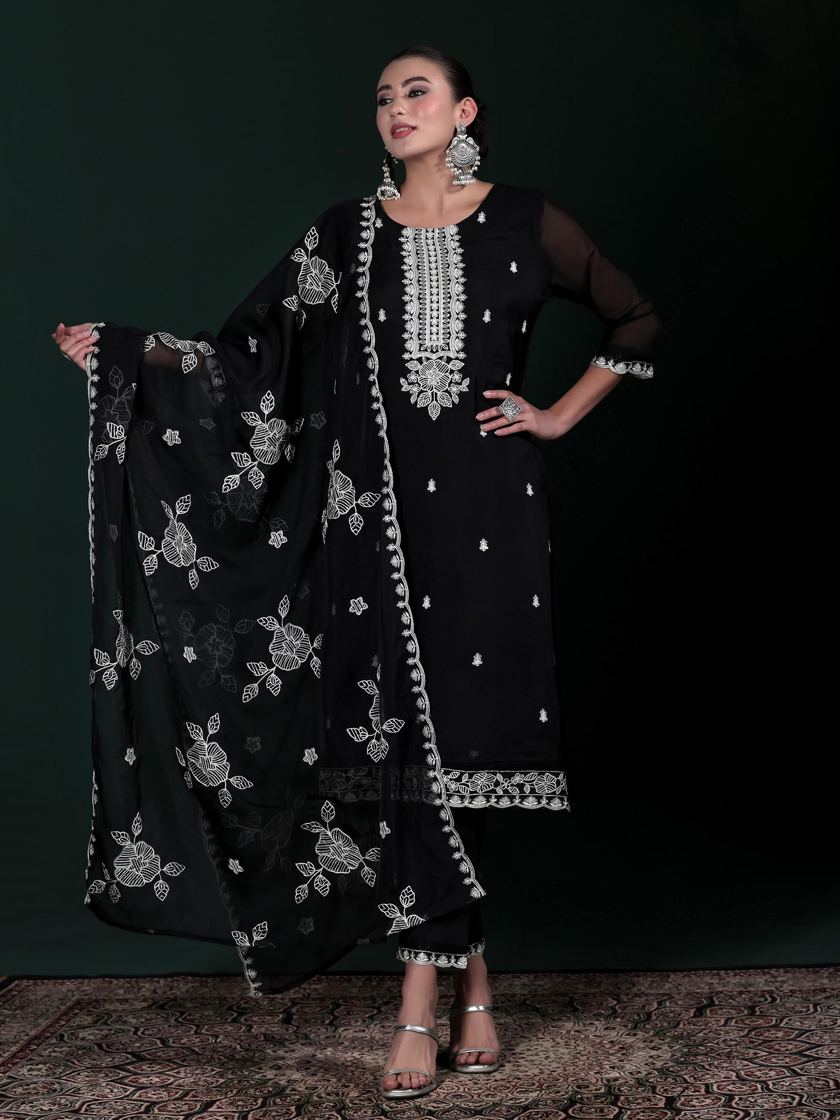 Women Organza Black Embroidered Kurta Comfort Pant With Dupatta.