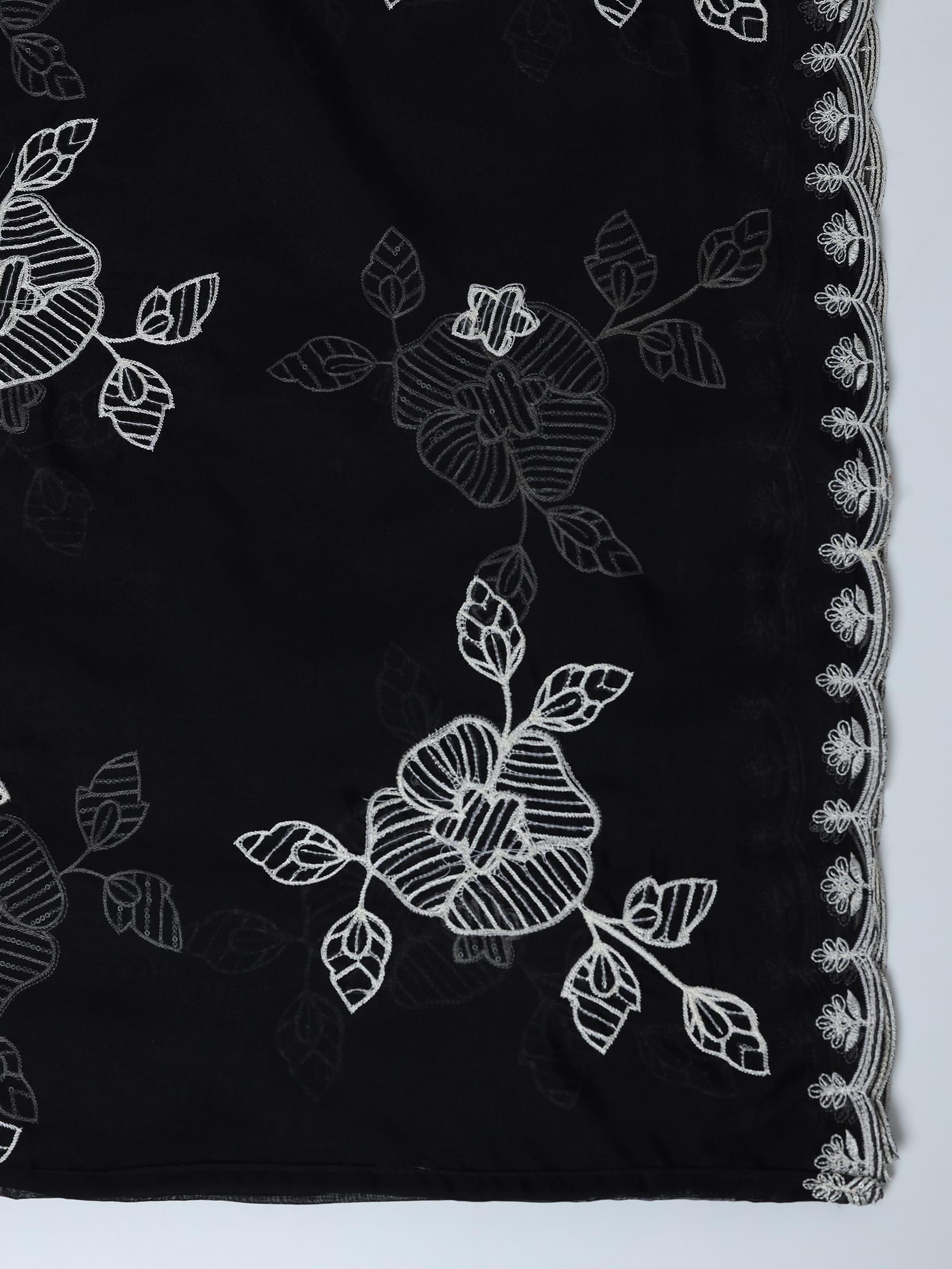 Women Organza Black Embroidered Kurta Comfort Pant With Dupatta.
