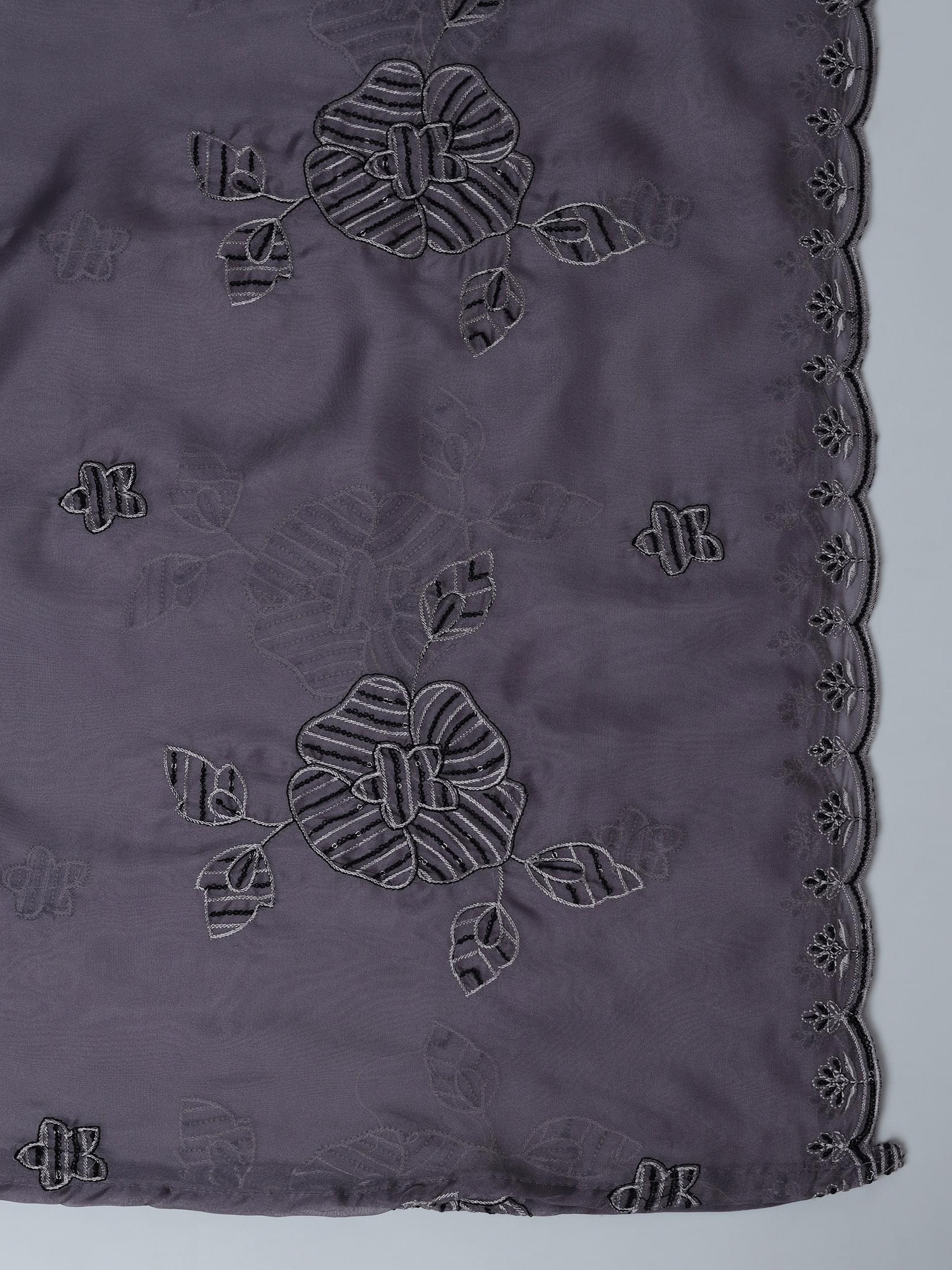 Women Organza Charcoal Grey Embroidered Kurta Comfort Pant Dupatta.