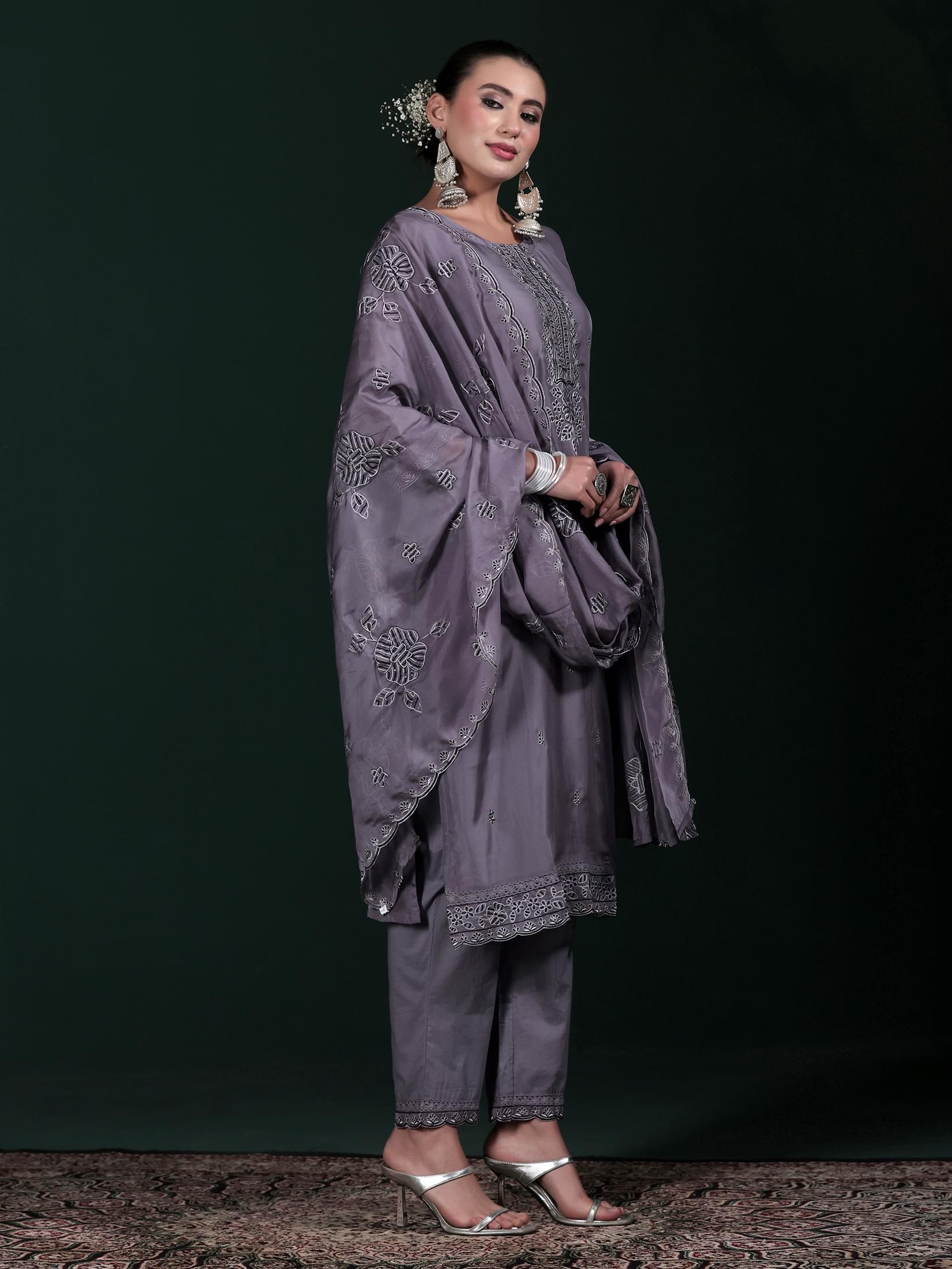 Women Organza Charcoal Grey Embroidered Kurta Comfort Pant Dupatta.