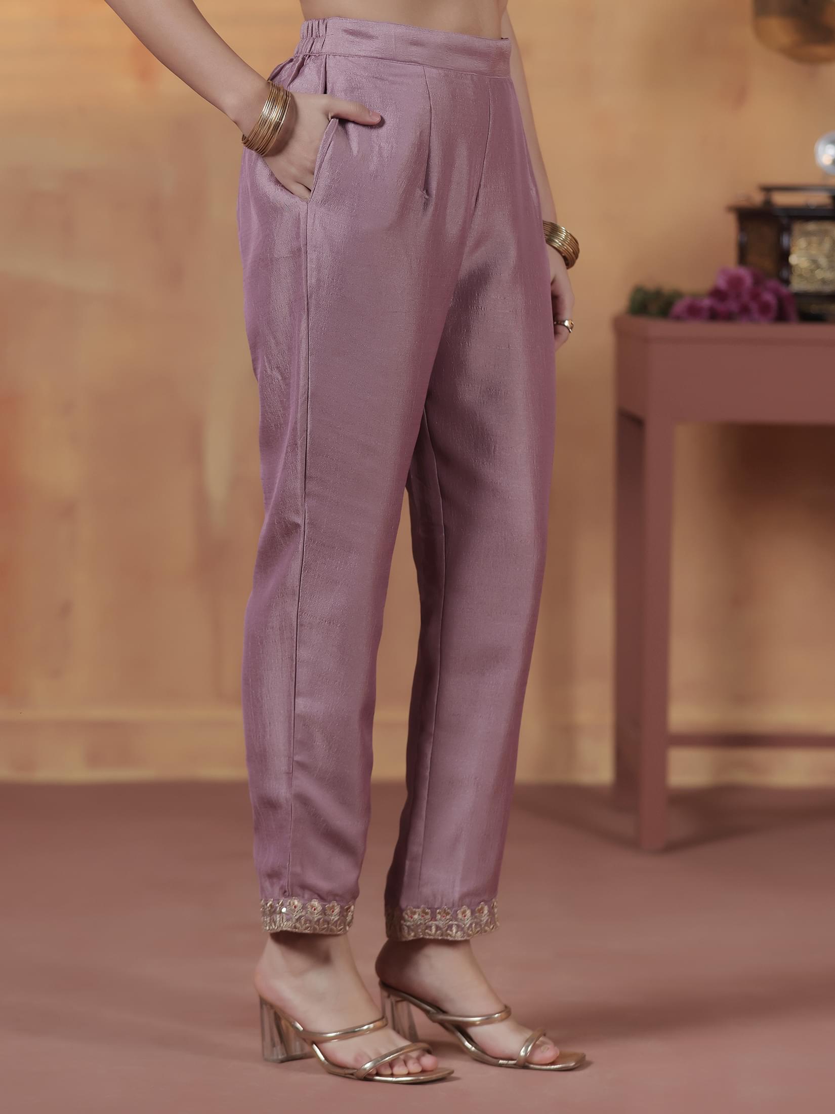 Silk Blend Lilac Embroidered Kurta Comfort Pant Dupatta.