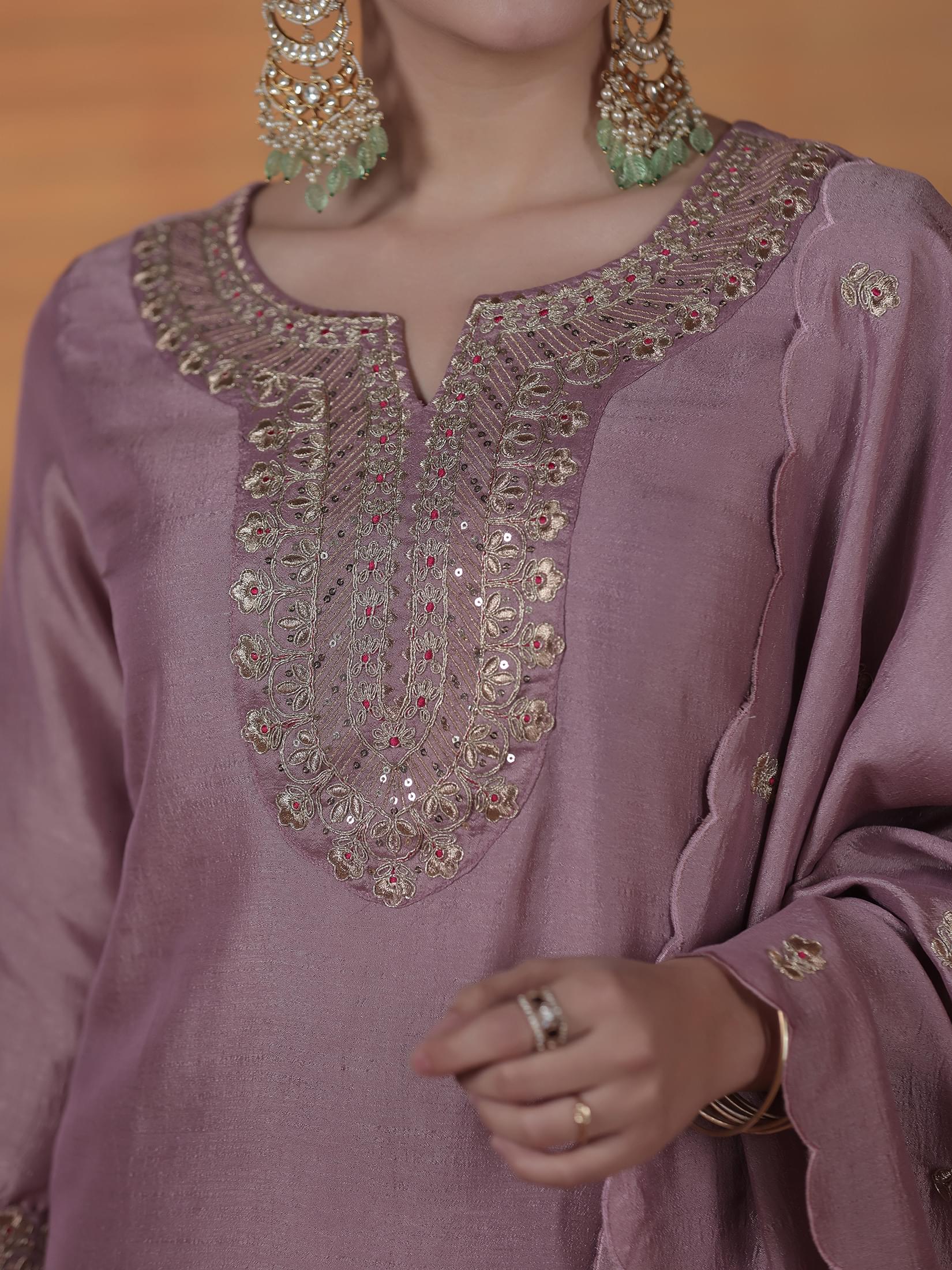 Silk Blend Lilac Embroidered Kurta Comfort Pant Dupatta.
