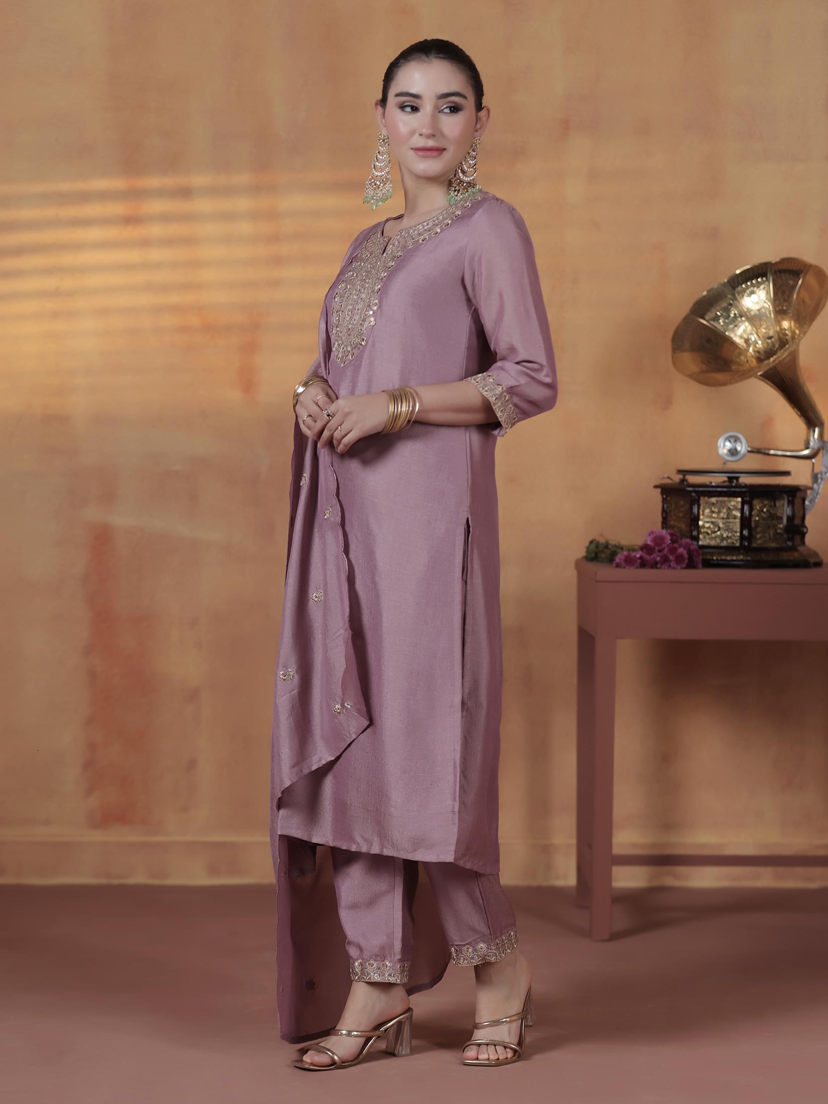 Silk Blend Lilac Embroidered Kurta Comfort Pant Dupatta.