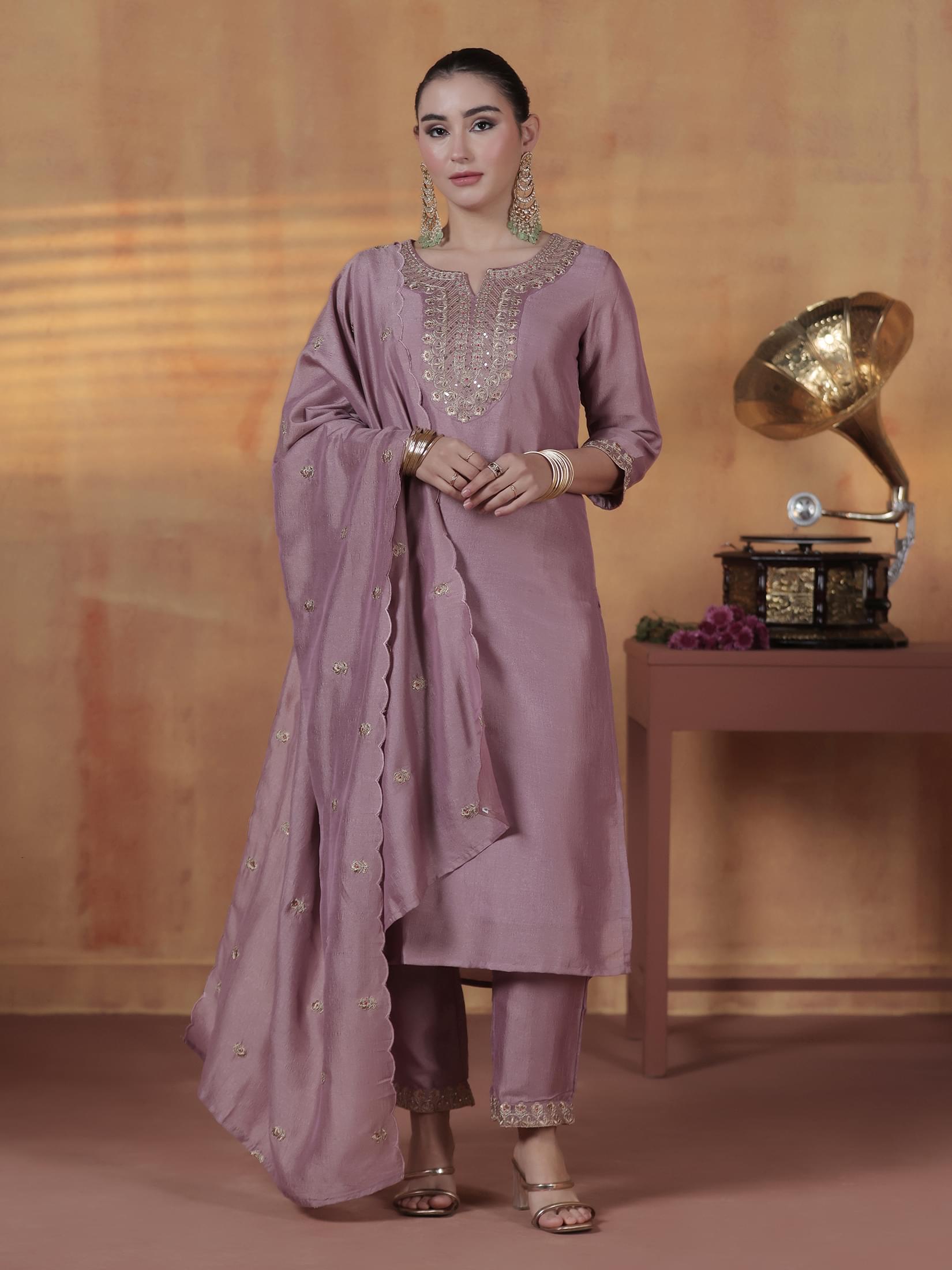 Silk Blend Lilac Embroidered Kurta Comfort Pant Dupatta.