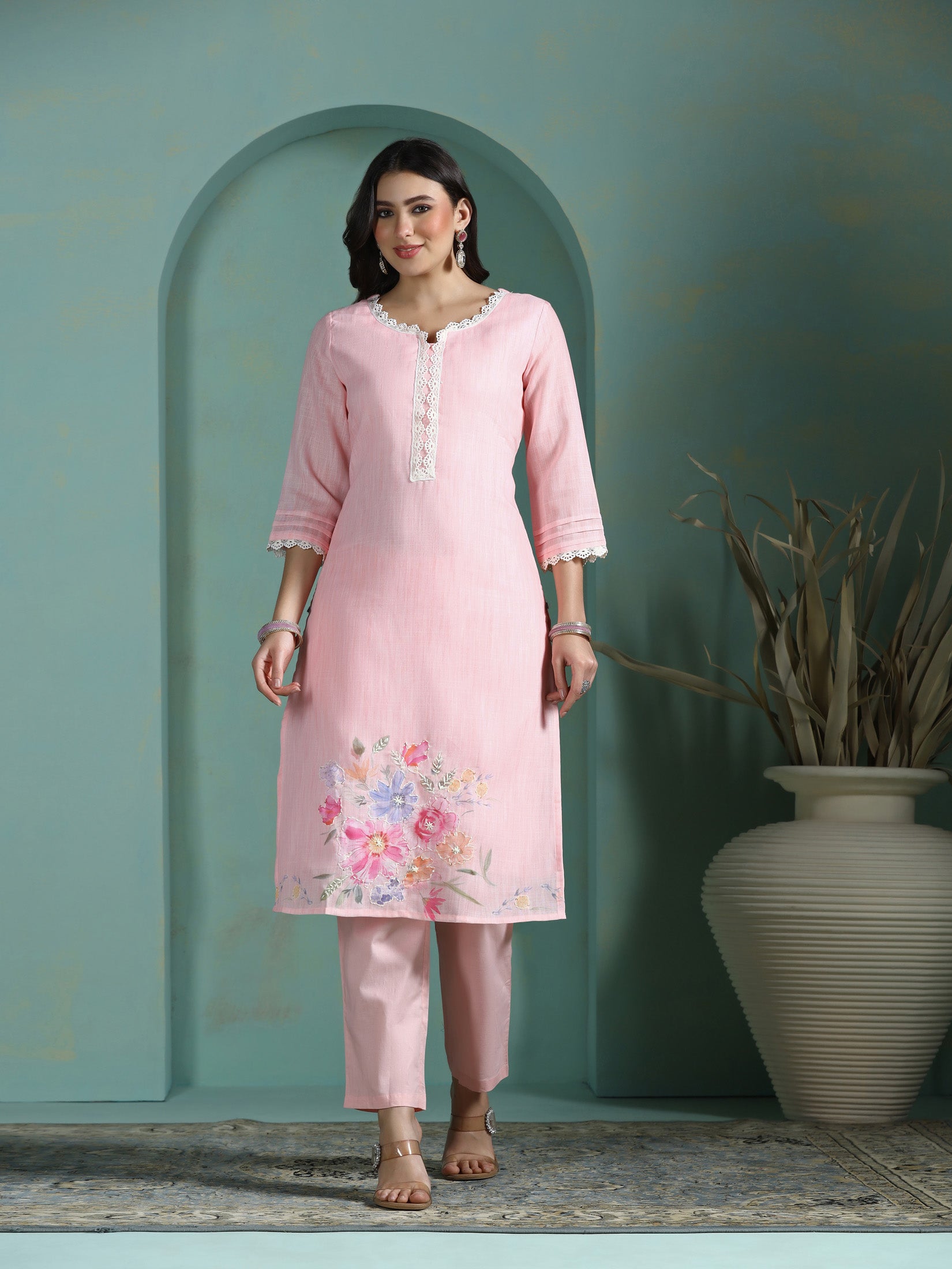 Women Linen Pink Solid Kurta Comfort Pant Dupatta
