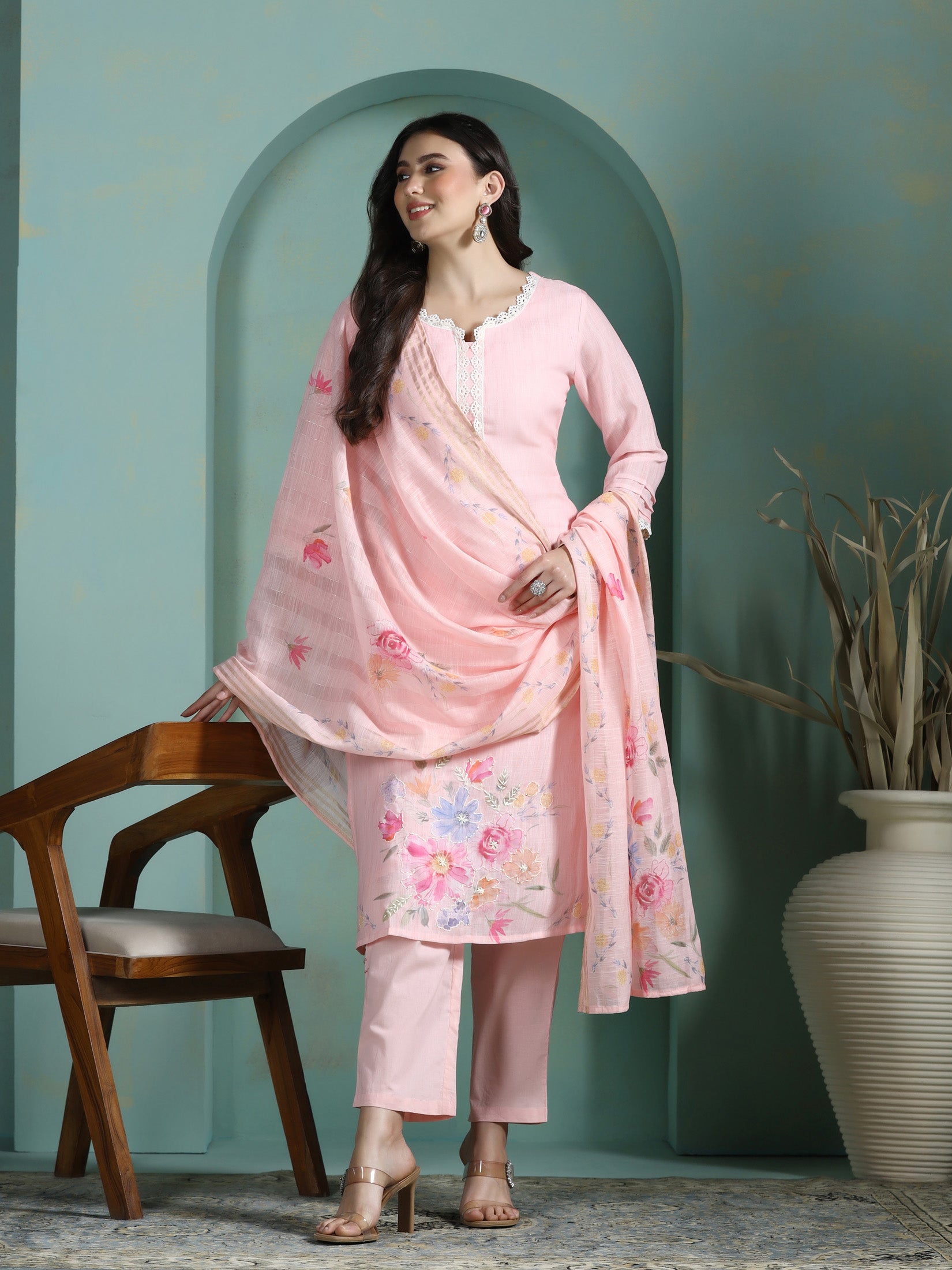 Blush pink solid pure linen straight silhouette kurta pant dupatta set