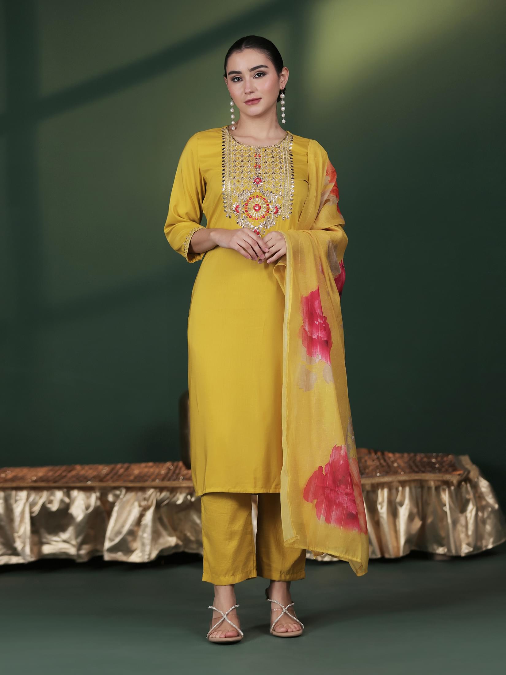 Golden yellow embroidered silk blend festive wear traditional suit set