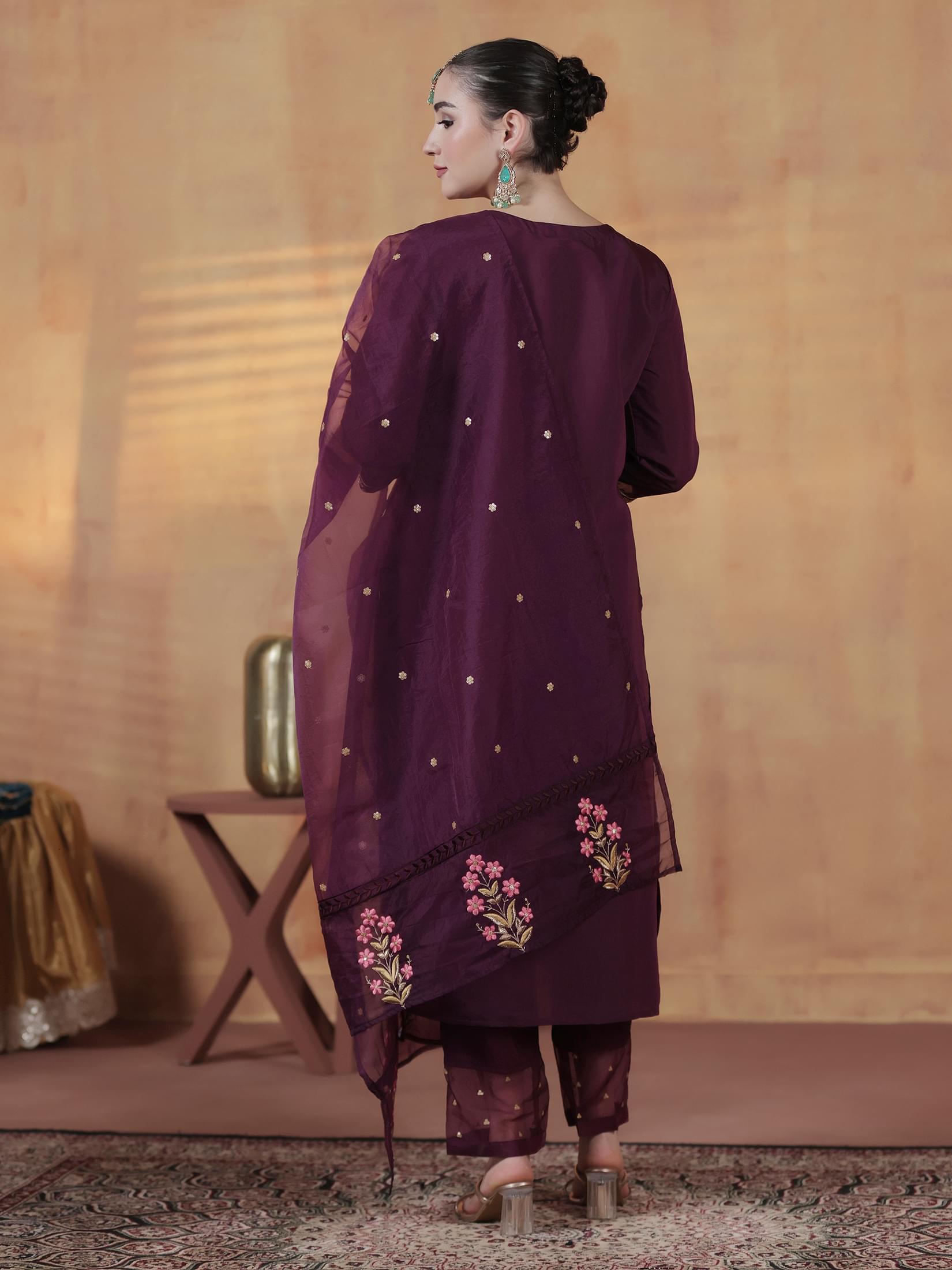 Women Silk Blend Orchid Embroidered Kurta Comfort Pant With Dupatta.