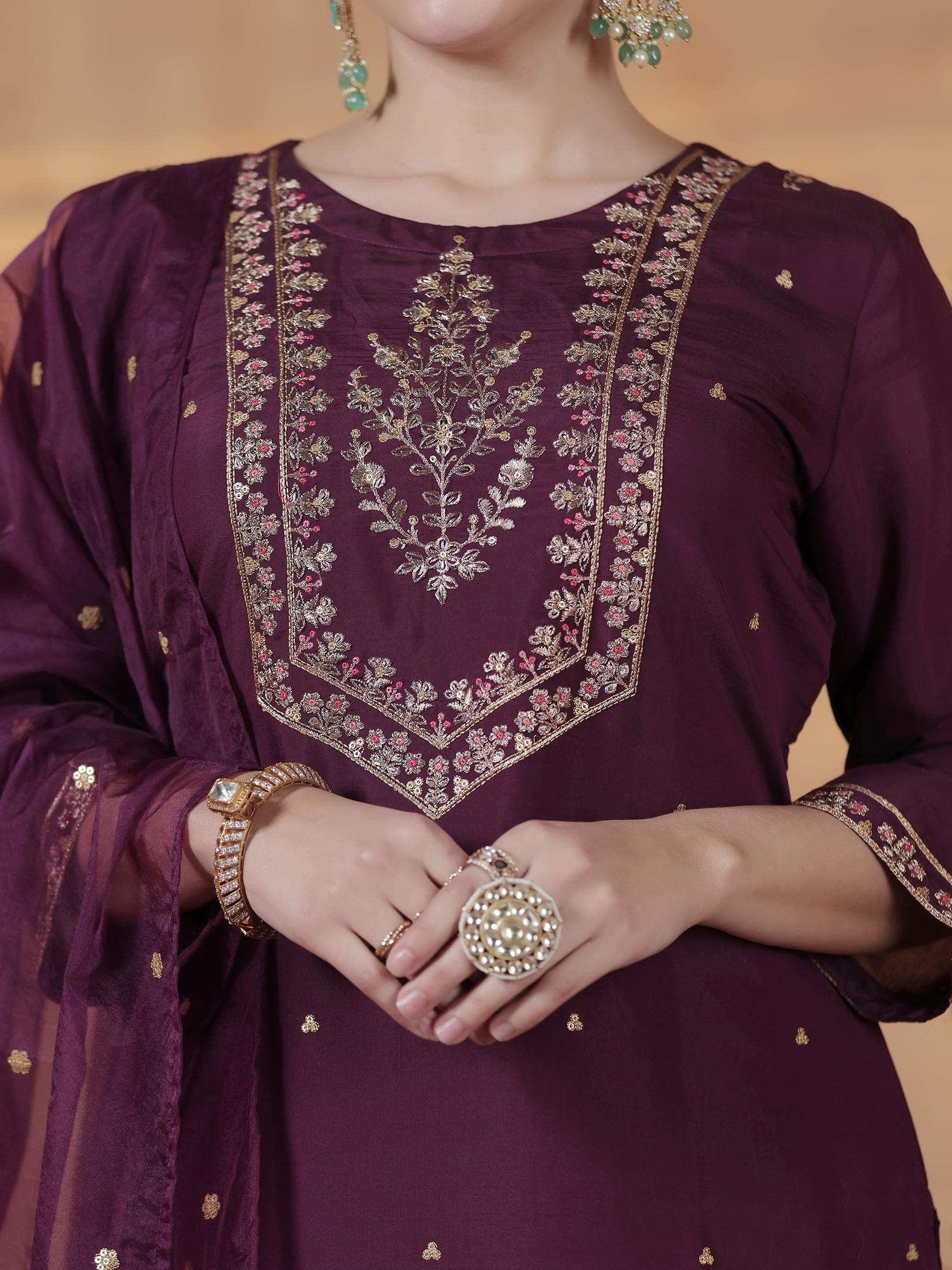 Women Silk Blend Orchid Embroidered Kurta Comfort Pant With Dupatta.