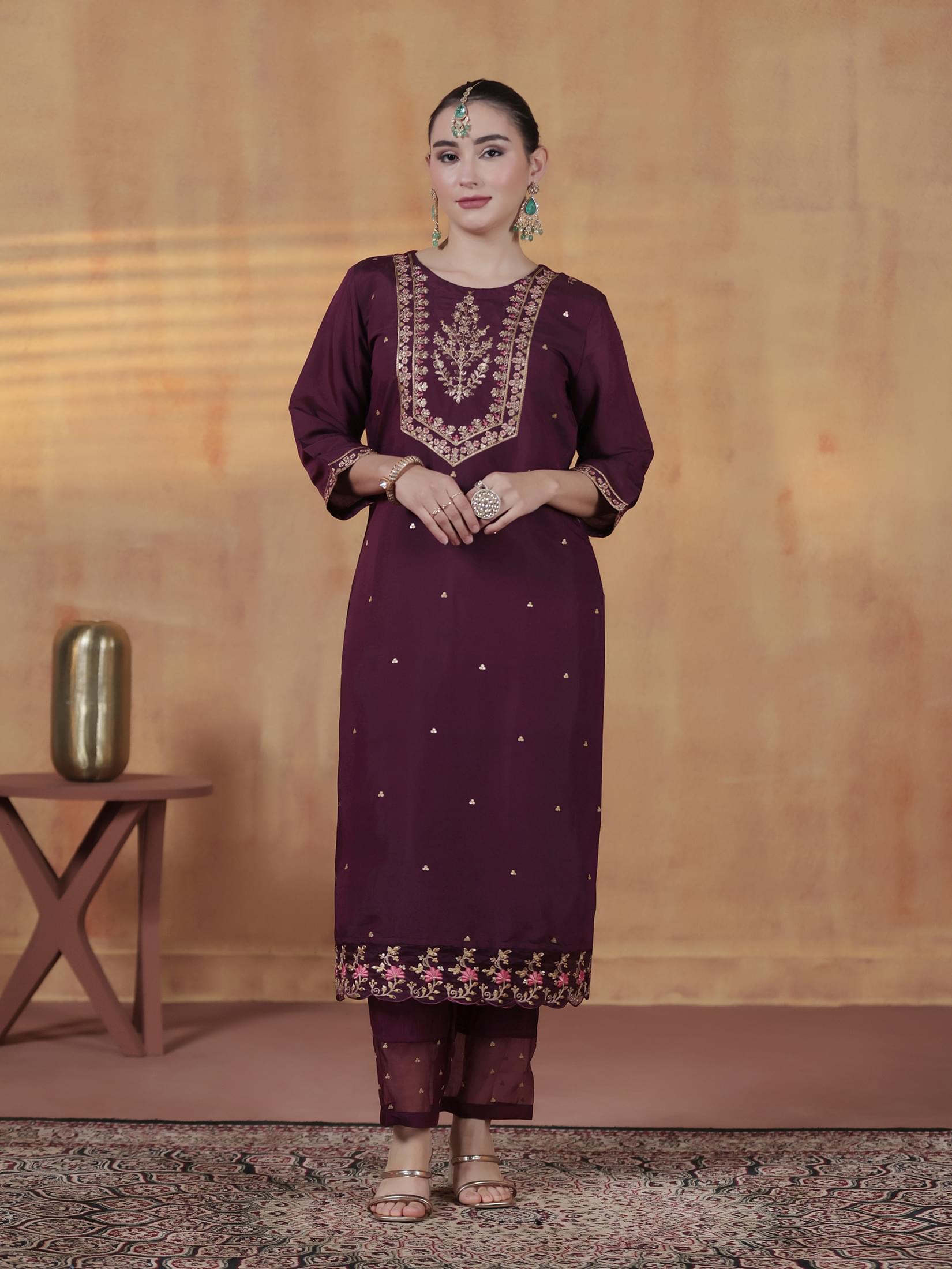Women Silk Blend Orchid Embroidered Kurta Comfort Pant With Dupatta.
