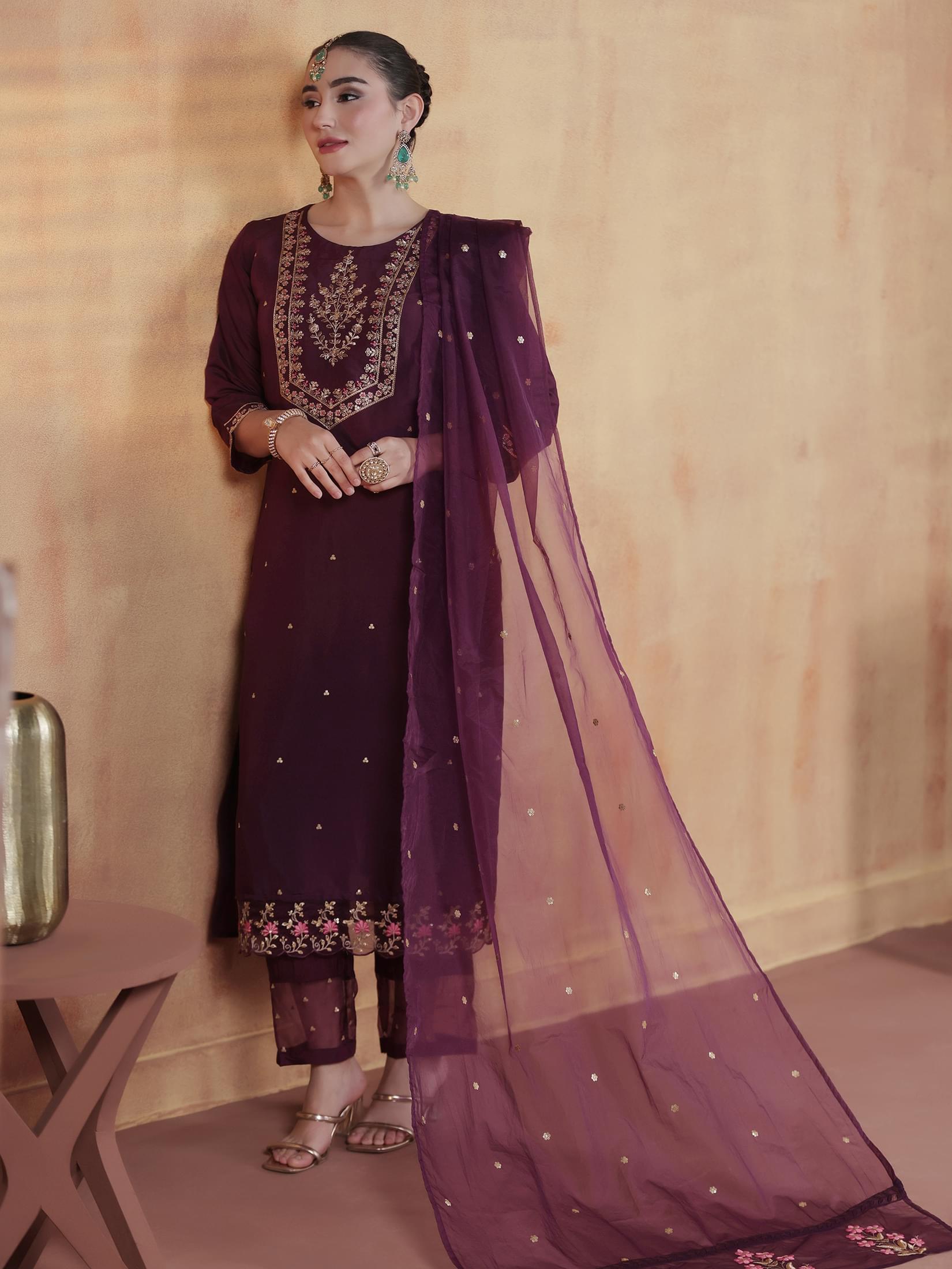 Orchid purple embroidered silk blend functional formal wear trouser suit