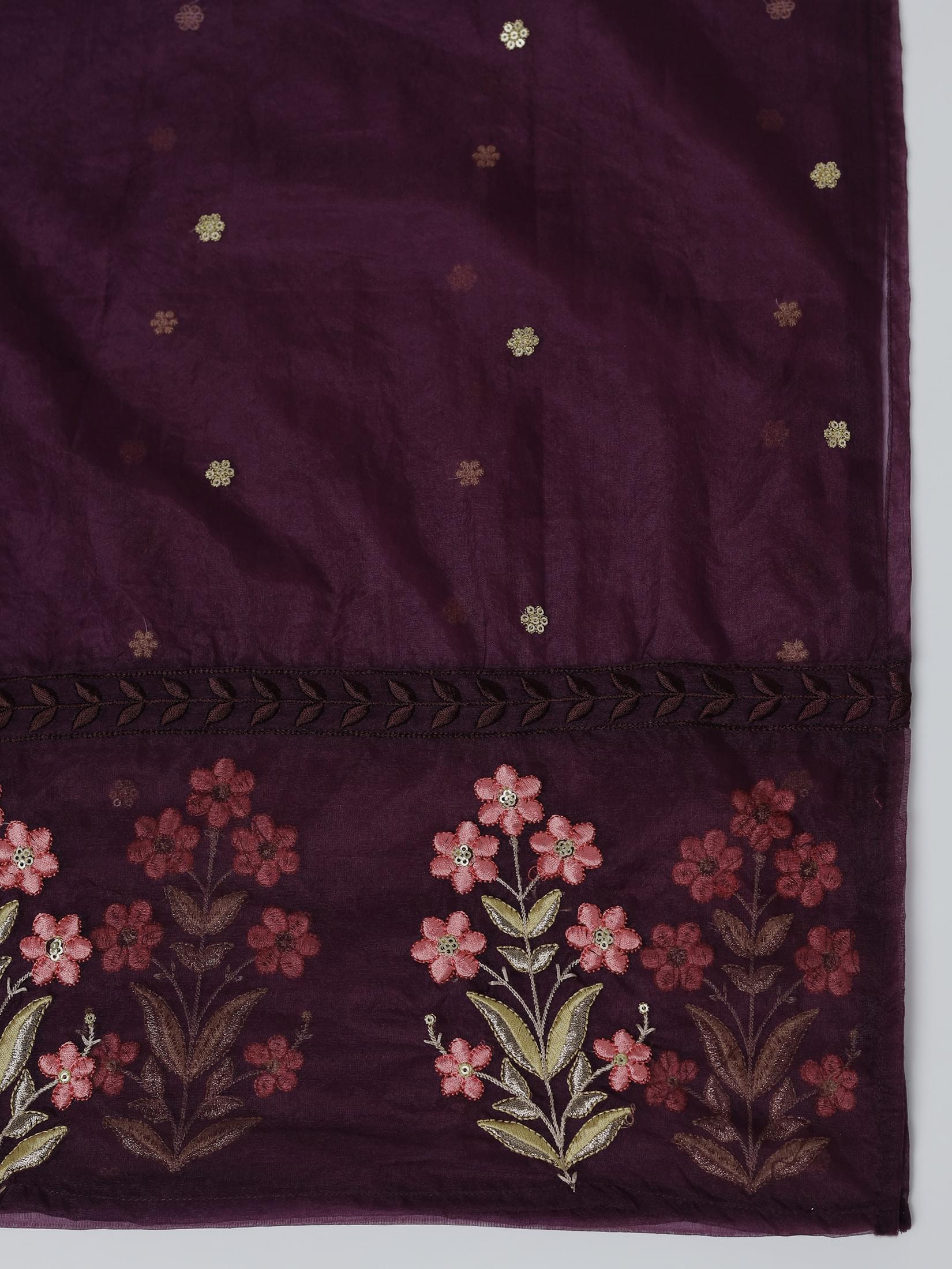 Women Silk Blend Orchid Embroidered Kurta Comfort Pant With Dupatta.